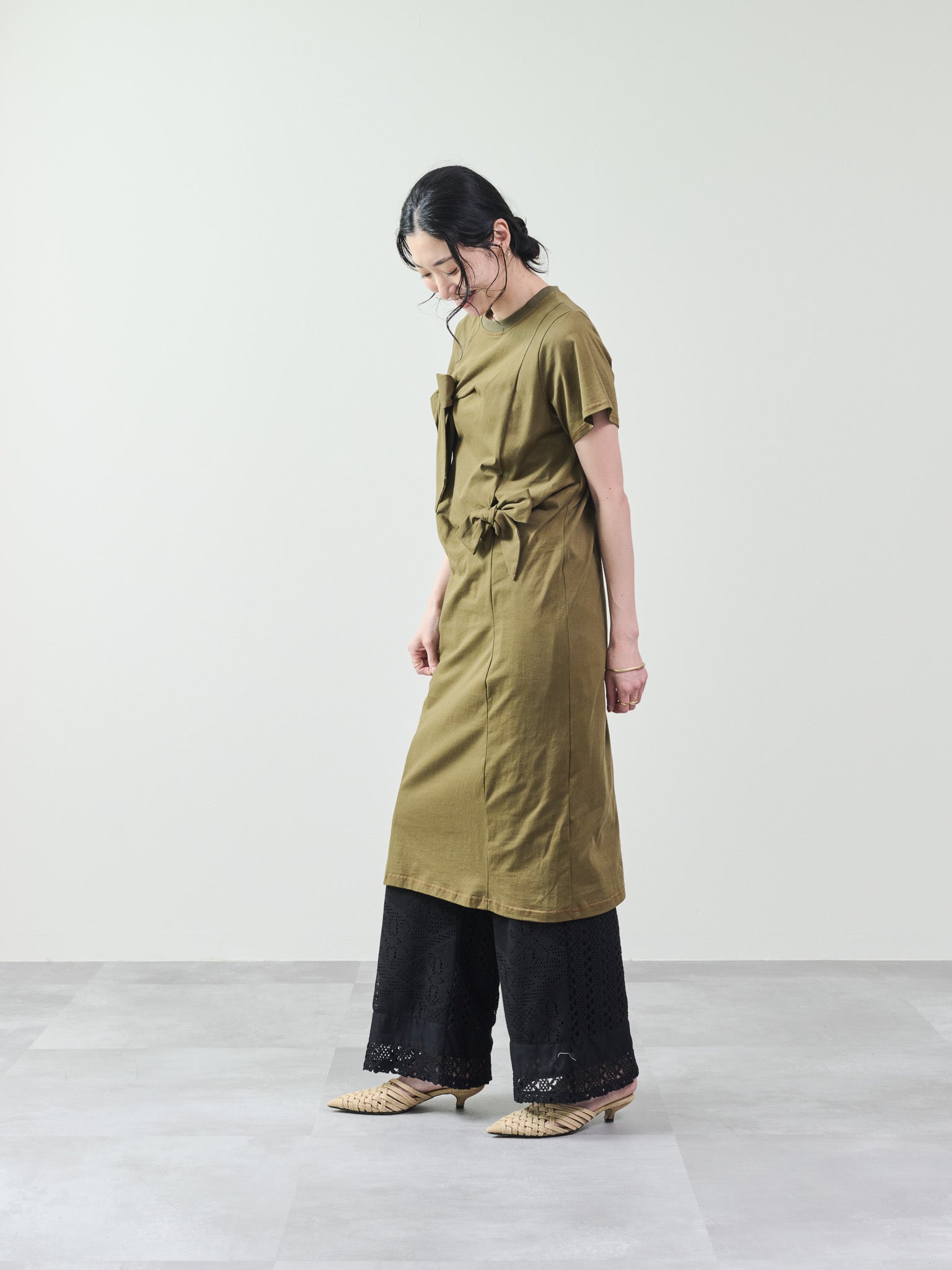 フロントリボン配色ステッチワンピース [601326] khaki