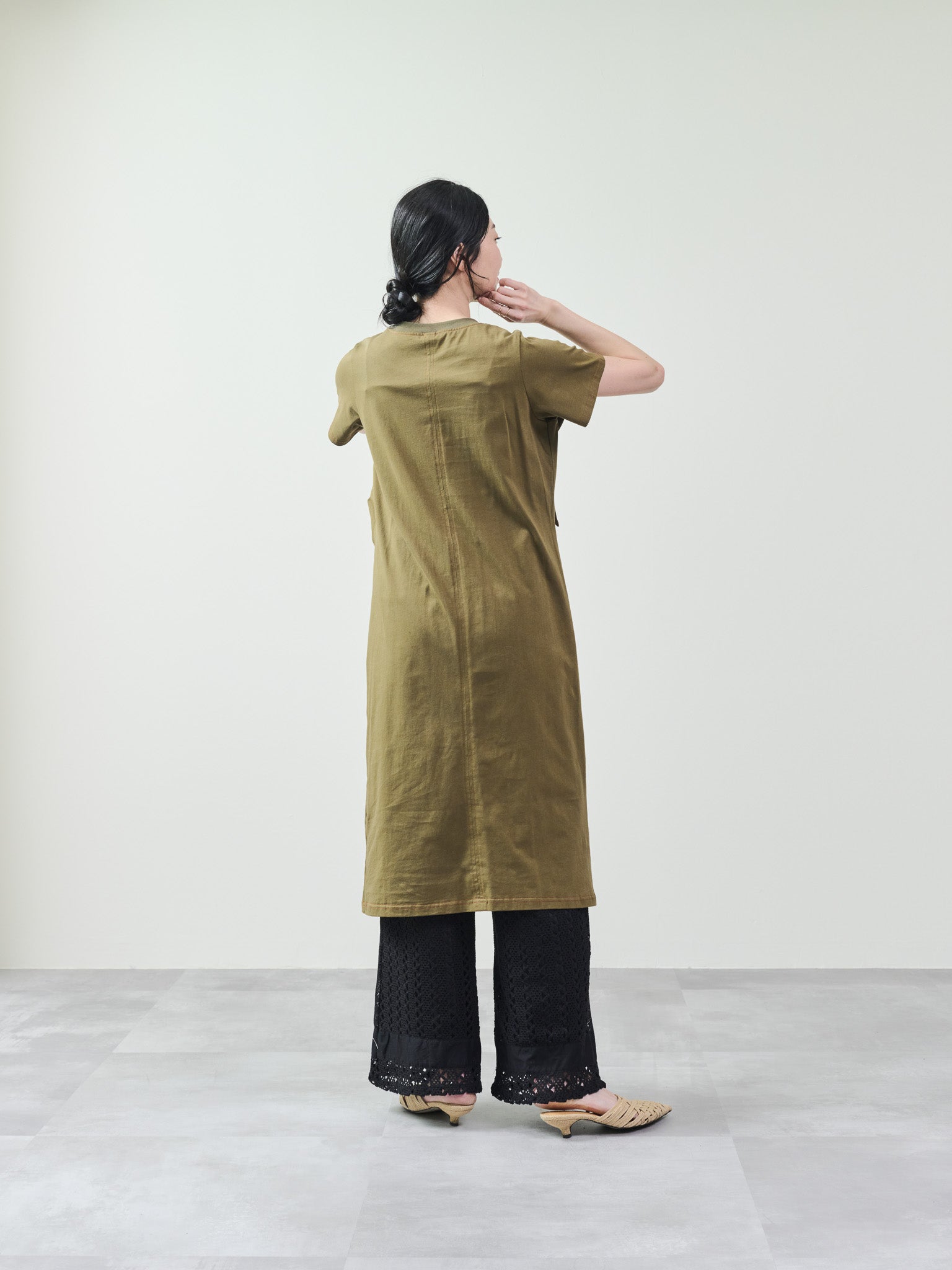 フロントリボン配色ステッチワンピース [601326] khaki