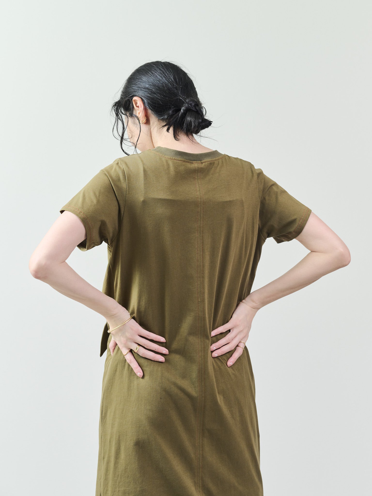 フロントリボン配色ステッチワンピース [601326] khaki