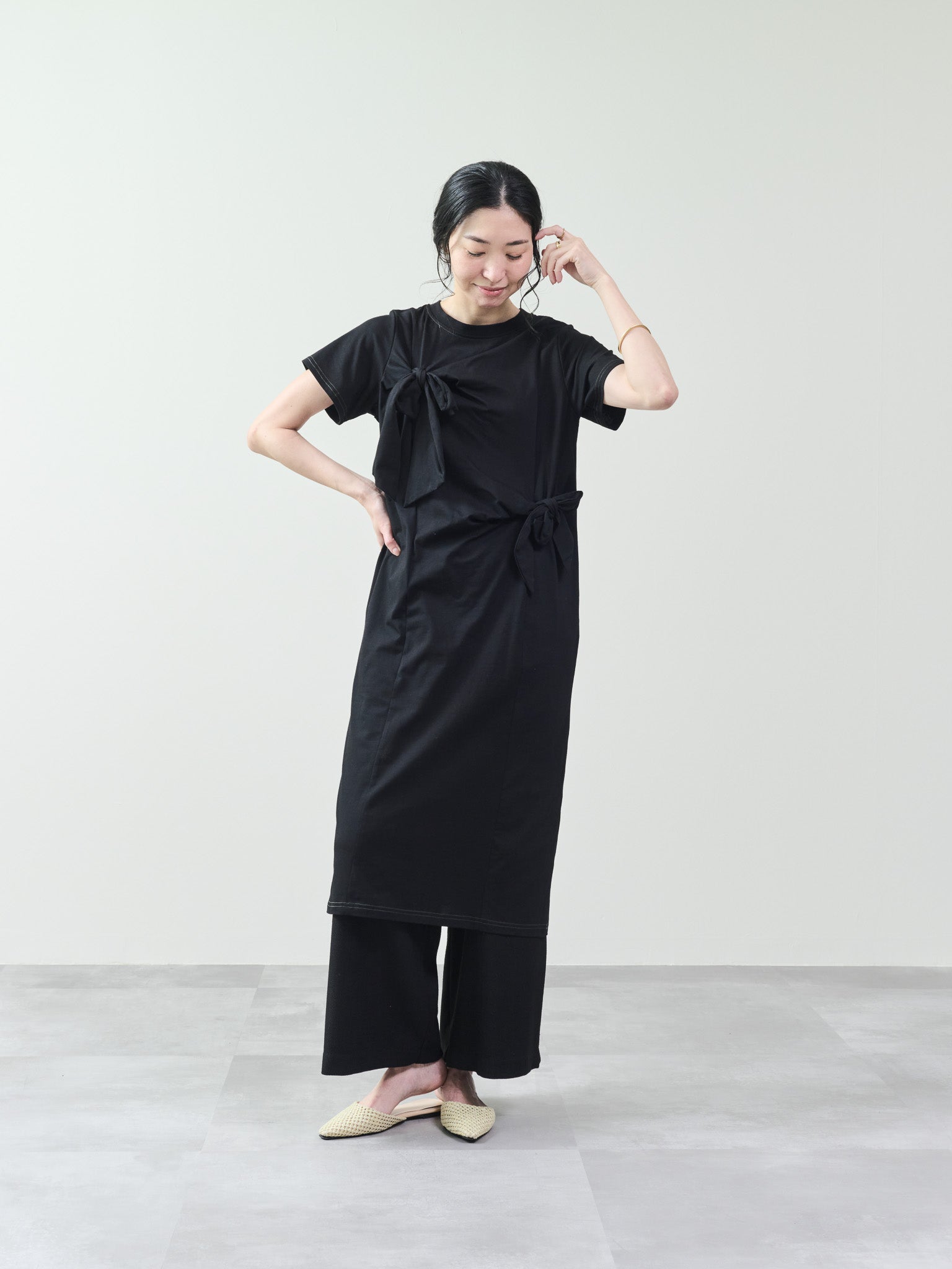 フロントリボン配色ステッチワンピース [601326] black