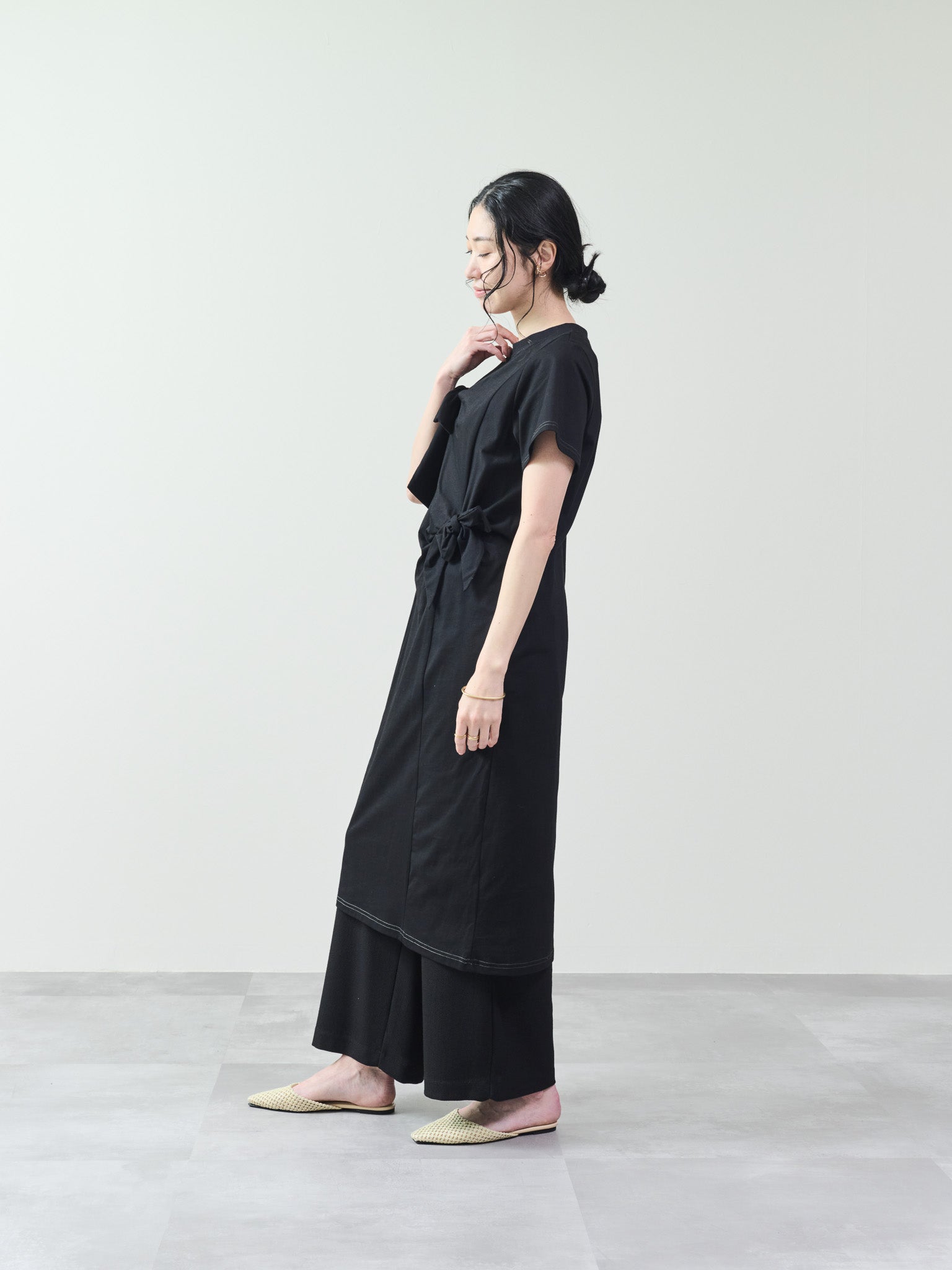 フロントリボン配色ステッチワンピース [601326] black