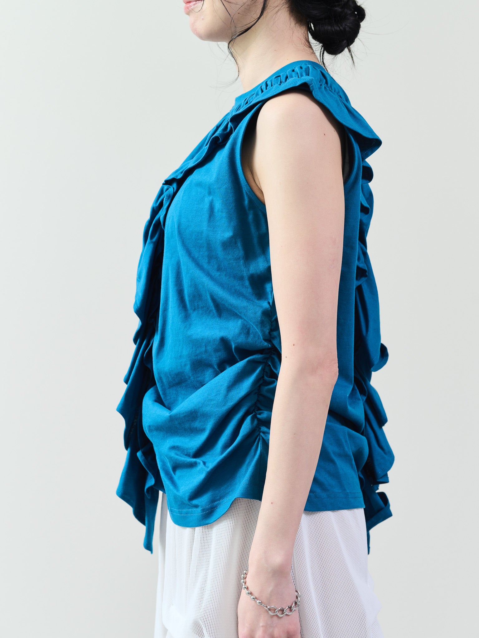 アシメフリルギャザーノースリトップス [601324] blue