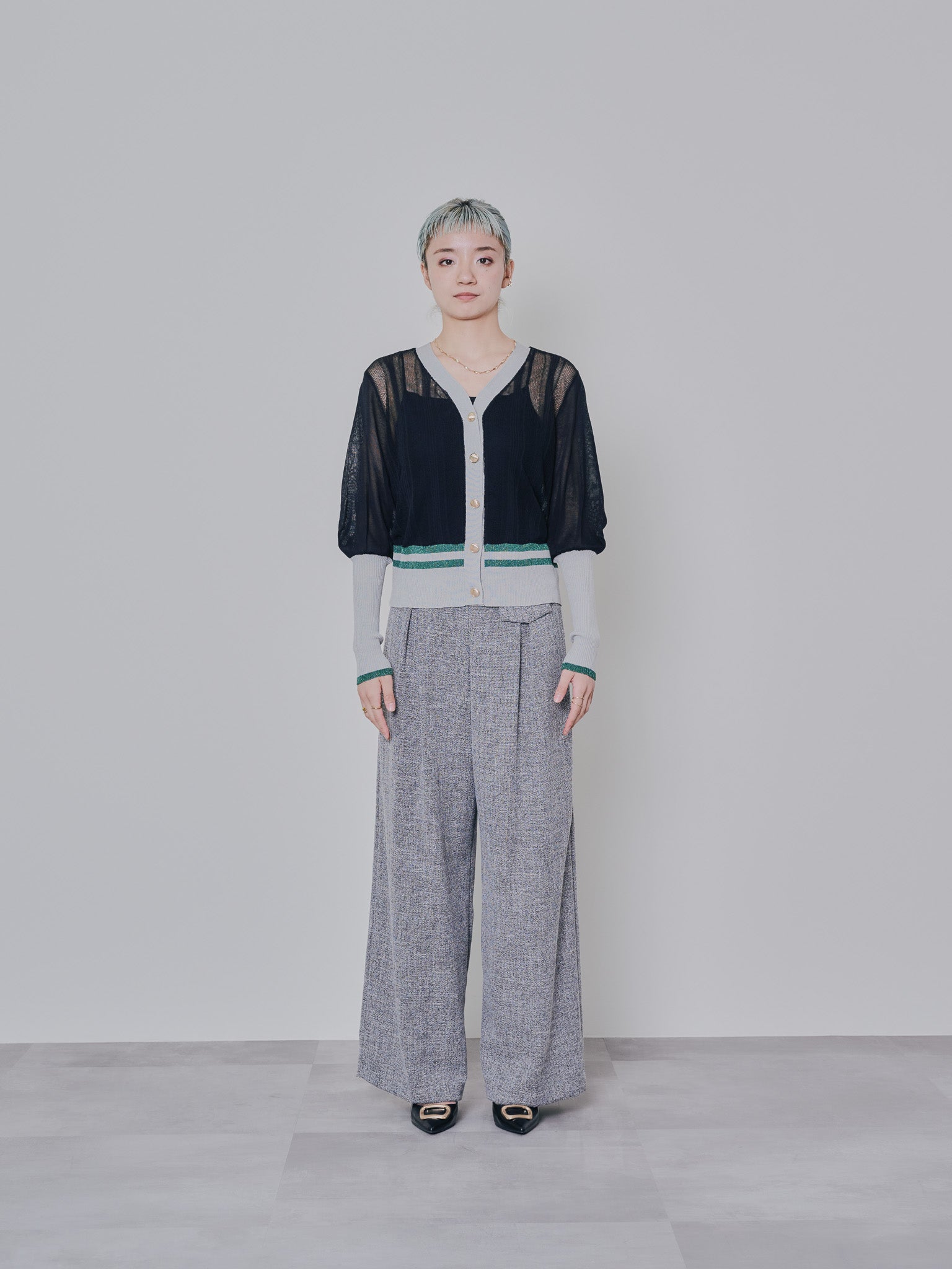麻ライクツィードワイドパンツ [601287] grey