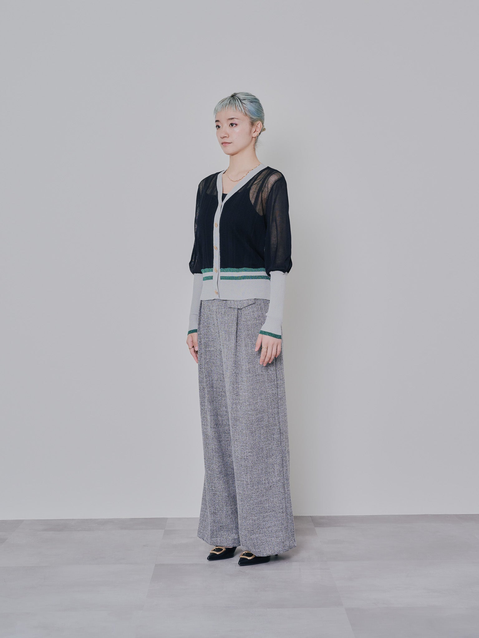 麻ライクツィードワイドパンツ [601287] grey