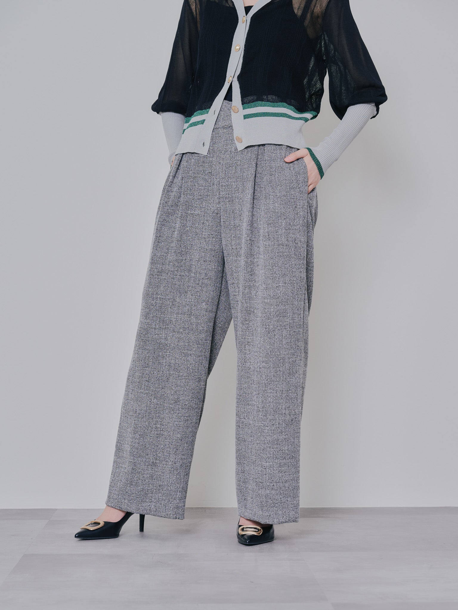 麻ライクツィードワイドパンツ [601287] grey
