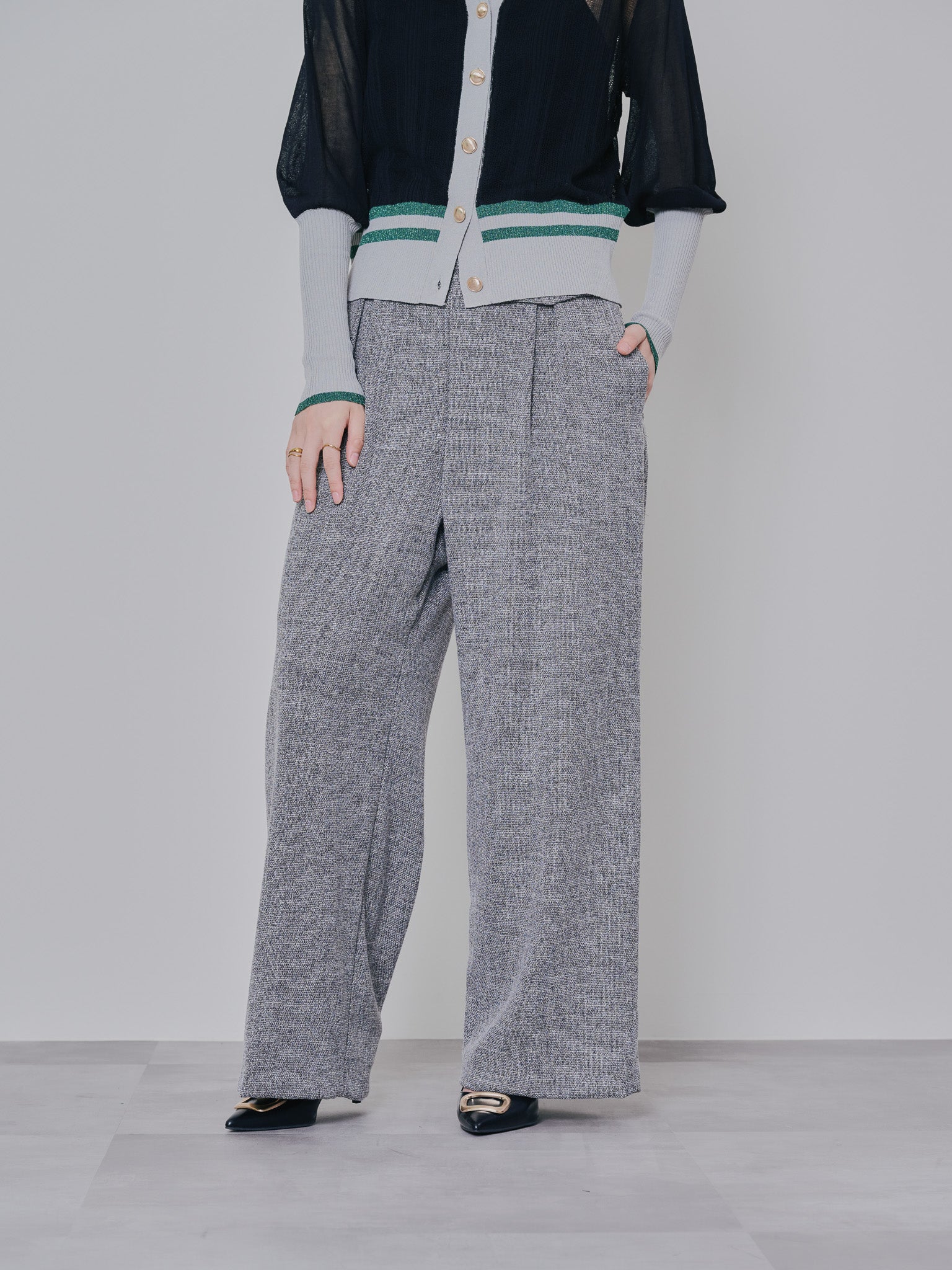 麻ライクツィードワイドパンツ [601287] grey