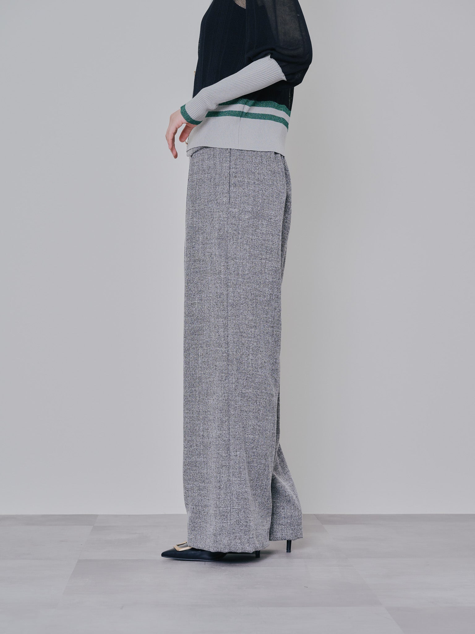 麻ライクツィードワイドパンツ [601287] grey