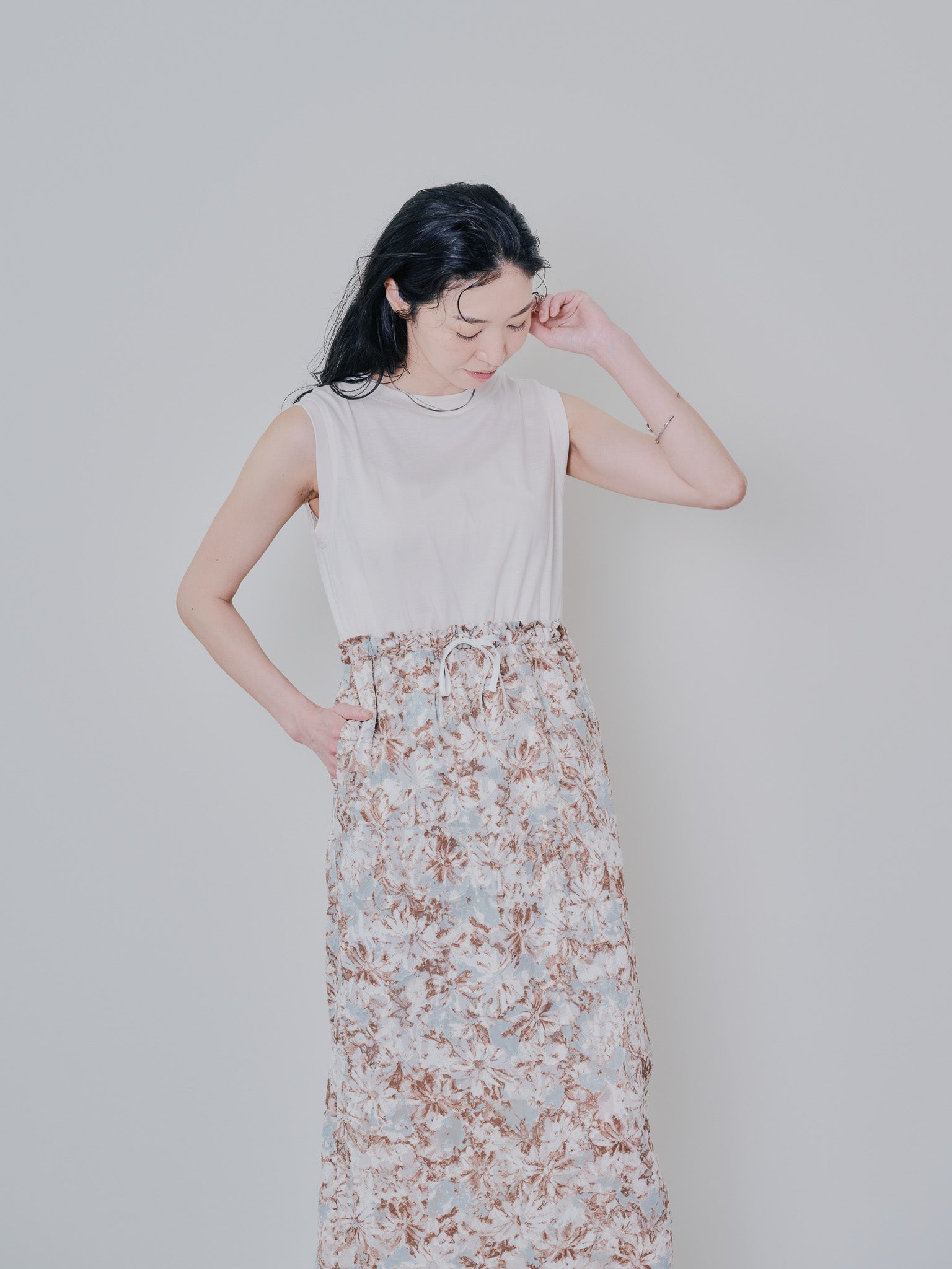 アートフラワープリントタンクワンピース [603323] mint green