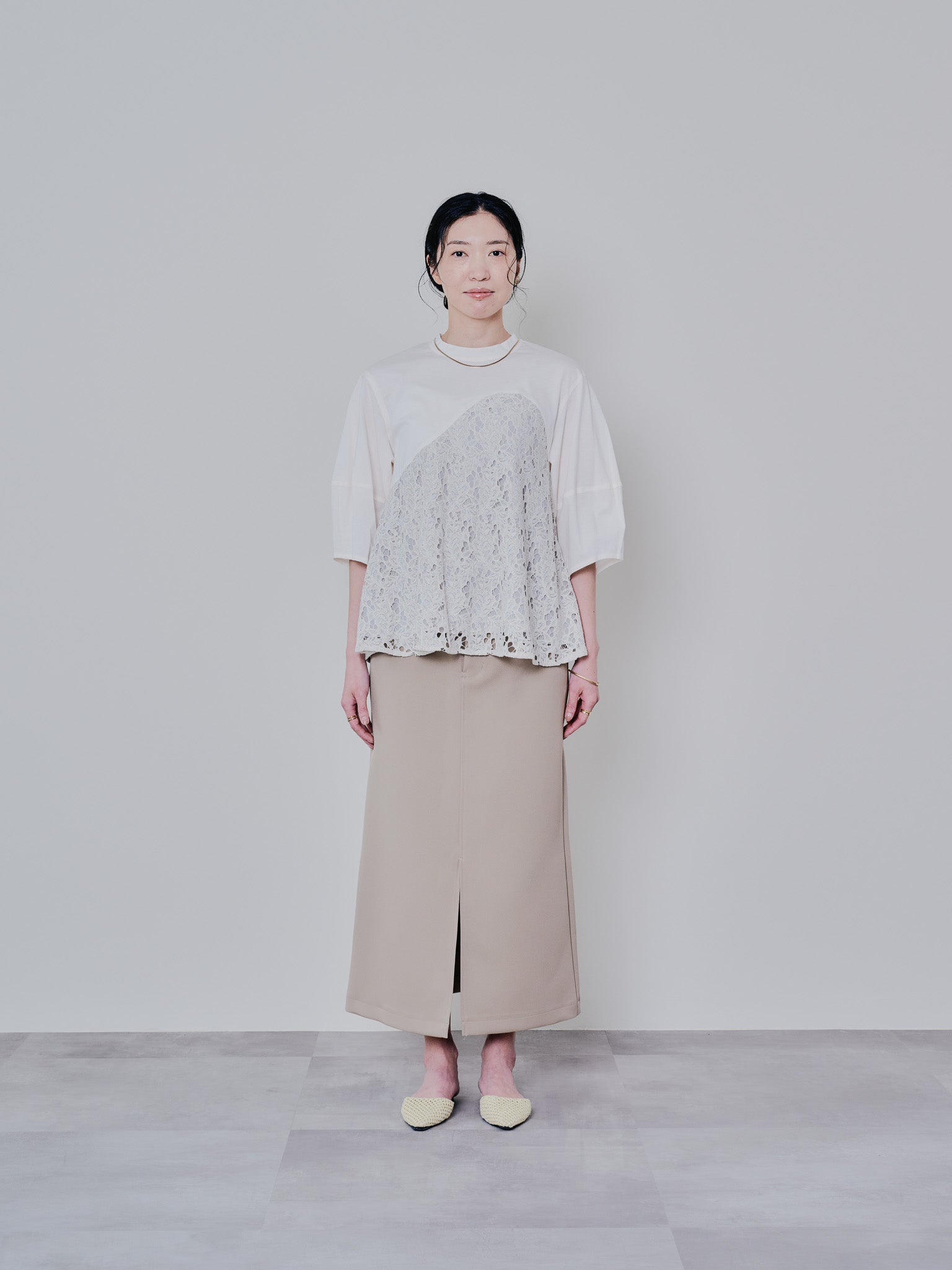 バックタイヘムレース切替トップス [603327] beige