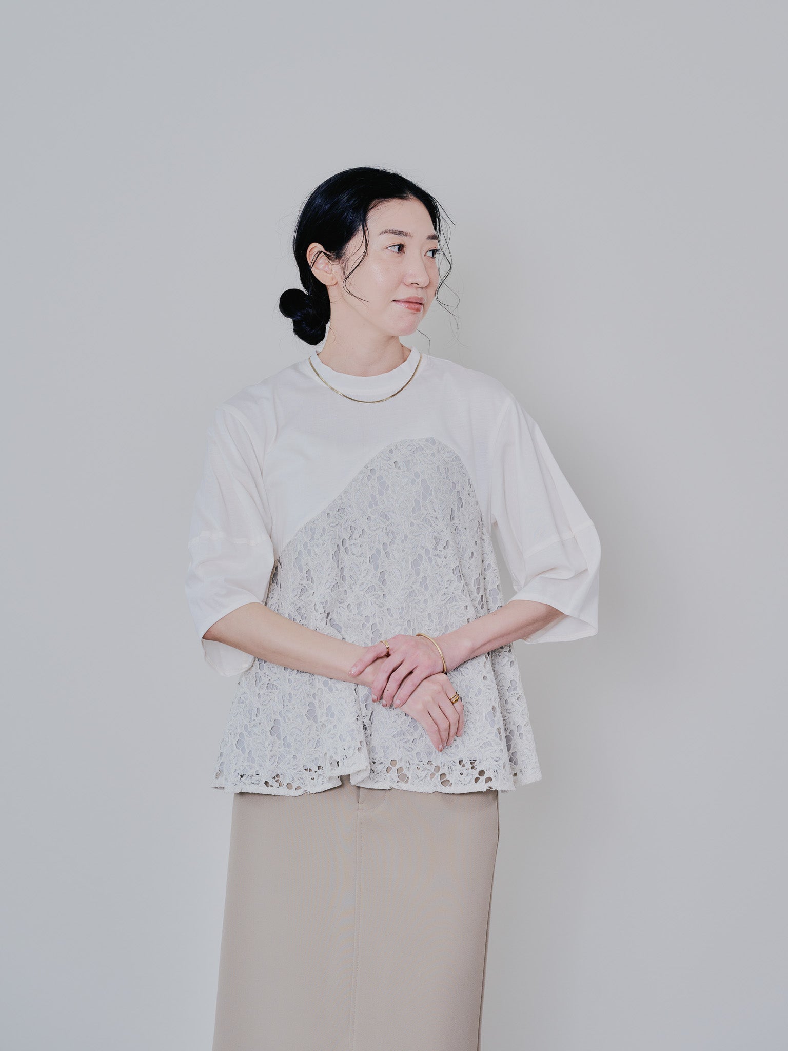 バックタイヘムレース切替トップス [603327] beige