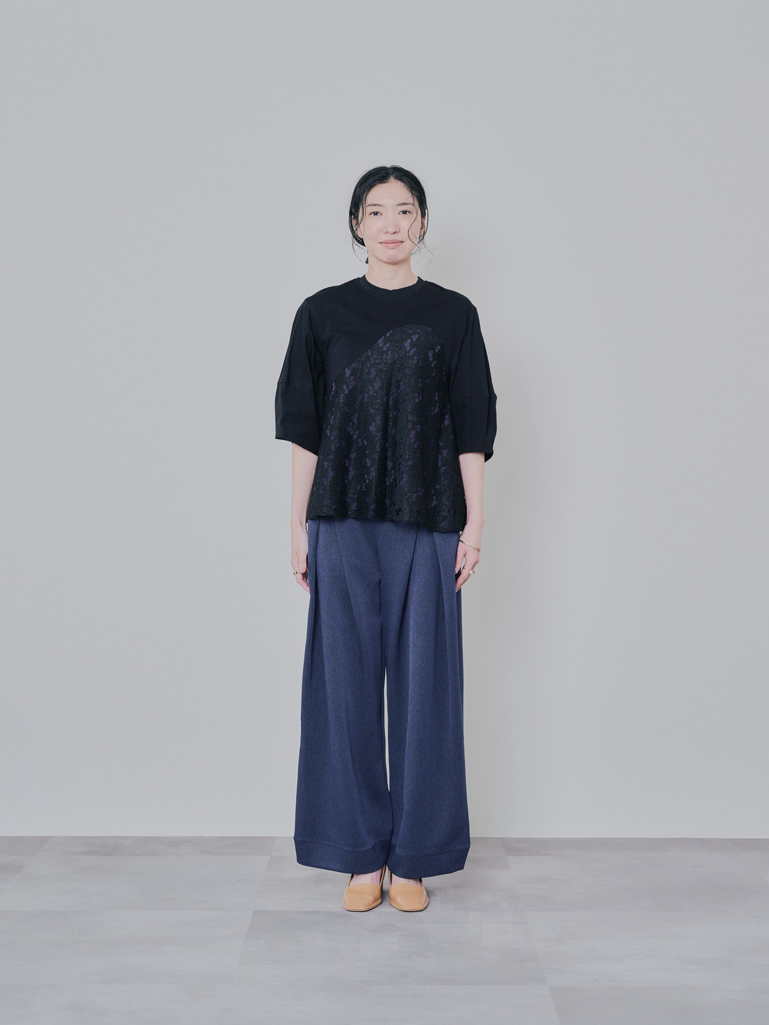 バックタイヘムレース切替トップス [603327] black