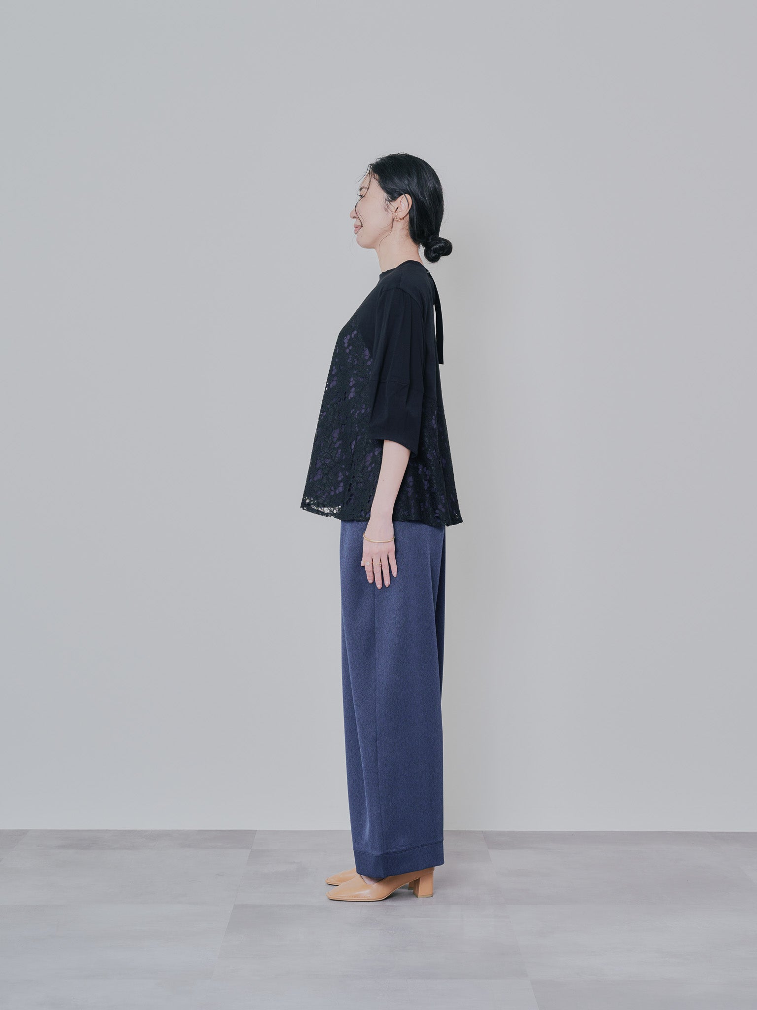 バックタイヘムレース切替トップス [603327] black