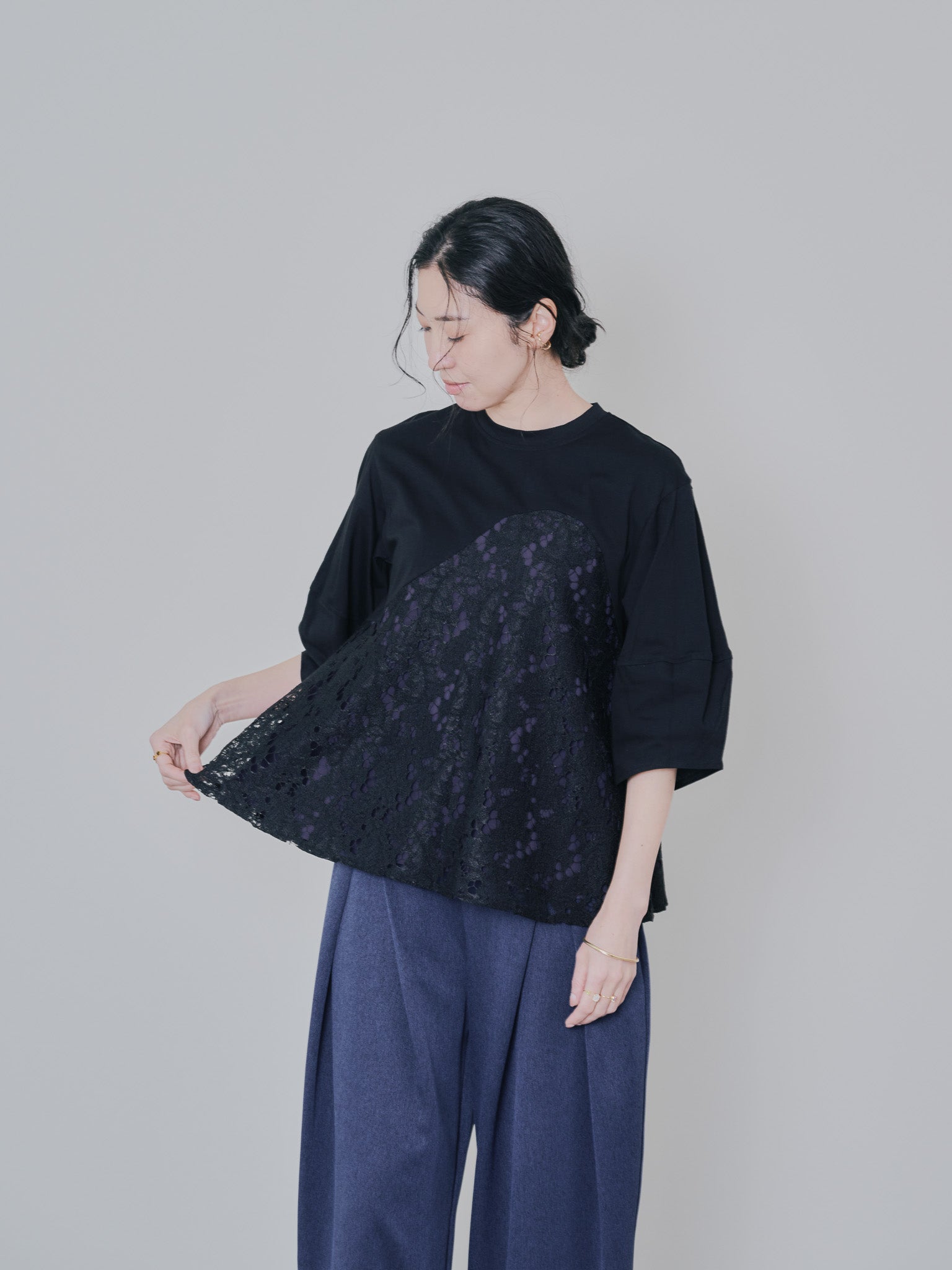 バックタイヘムレース切替トップス [603327] black