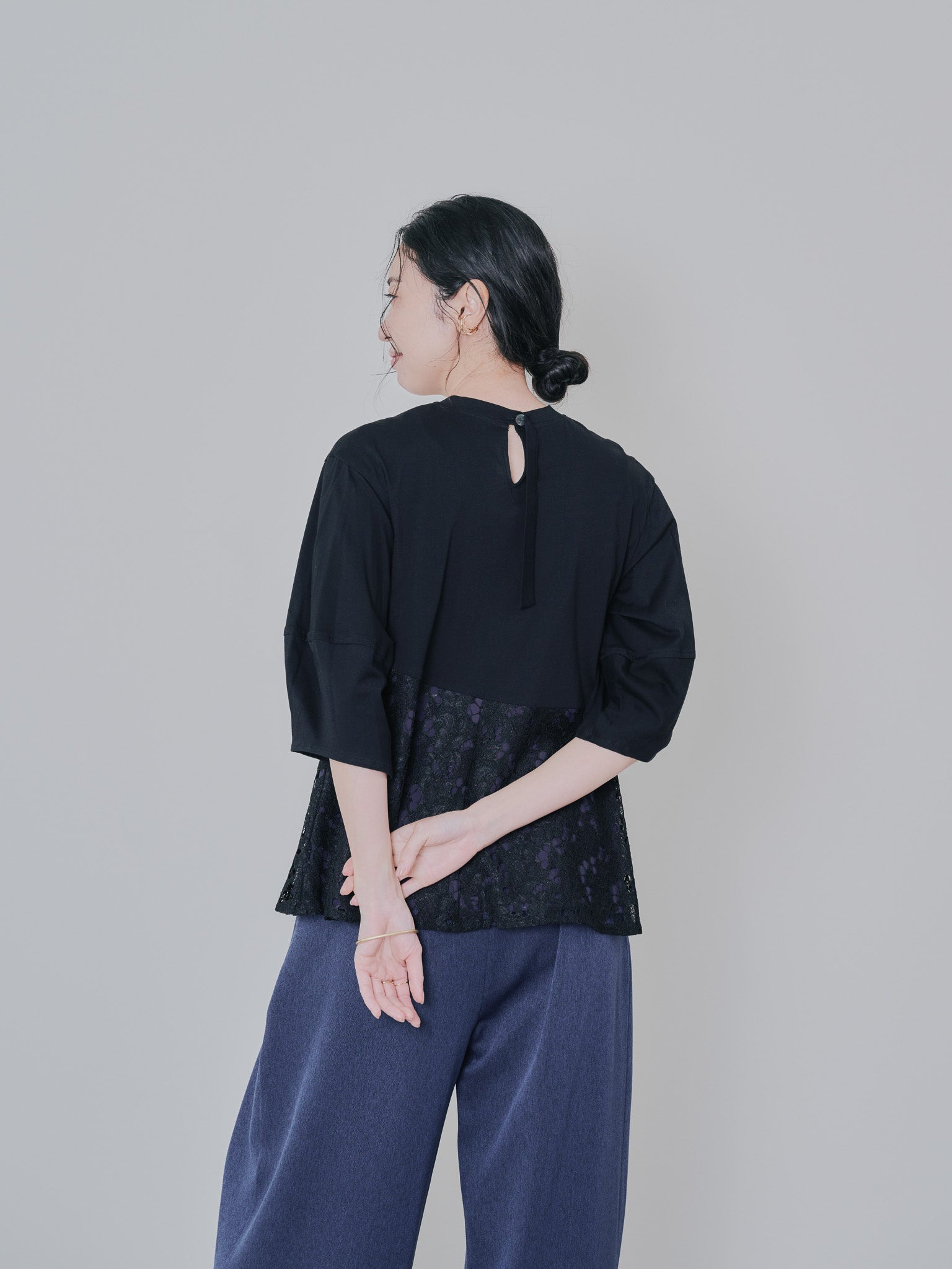 バックタイヘムレース切替トップス [603327] black