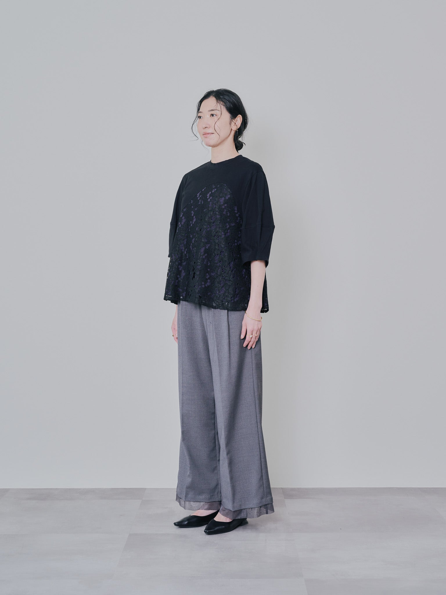 バックタイヘムレース切替トップス [603327] black