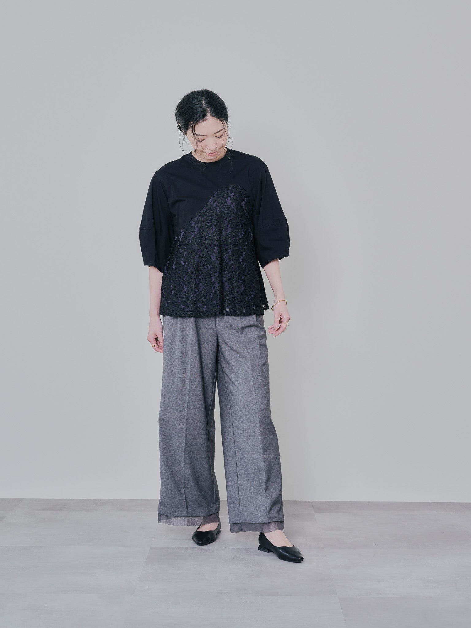 バックタイヘムレース切替トップス [603327] black