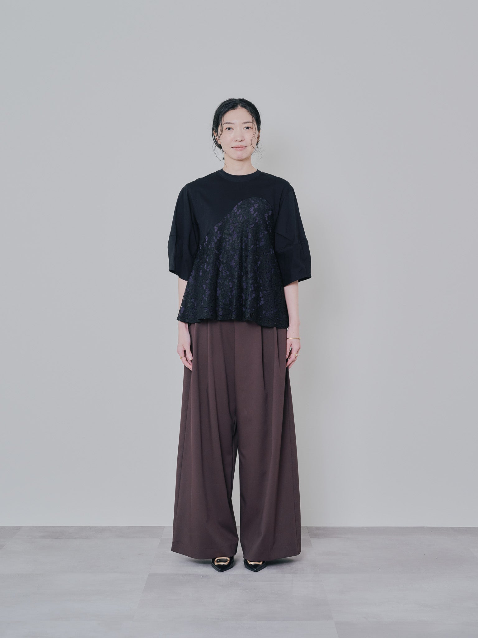 バックタイヘムレース切替トップス [603327] black