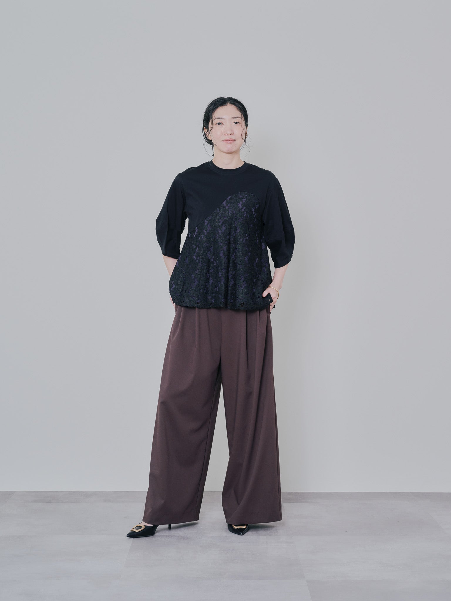 バックタイヘムレース切替トップス [603327] black