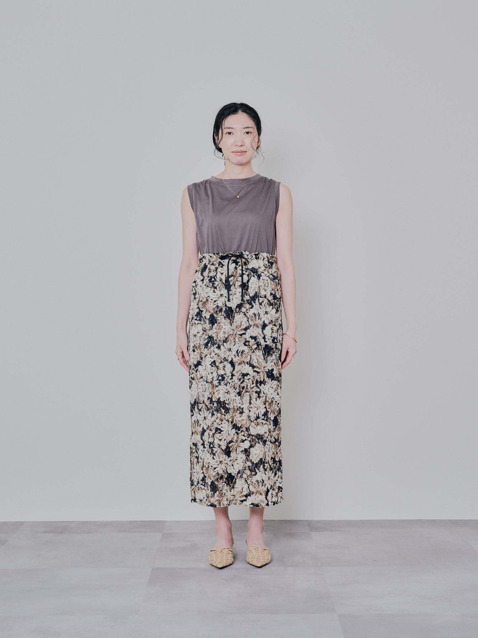 アートフラワープリントタンクワンピース [603323] black