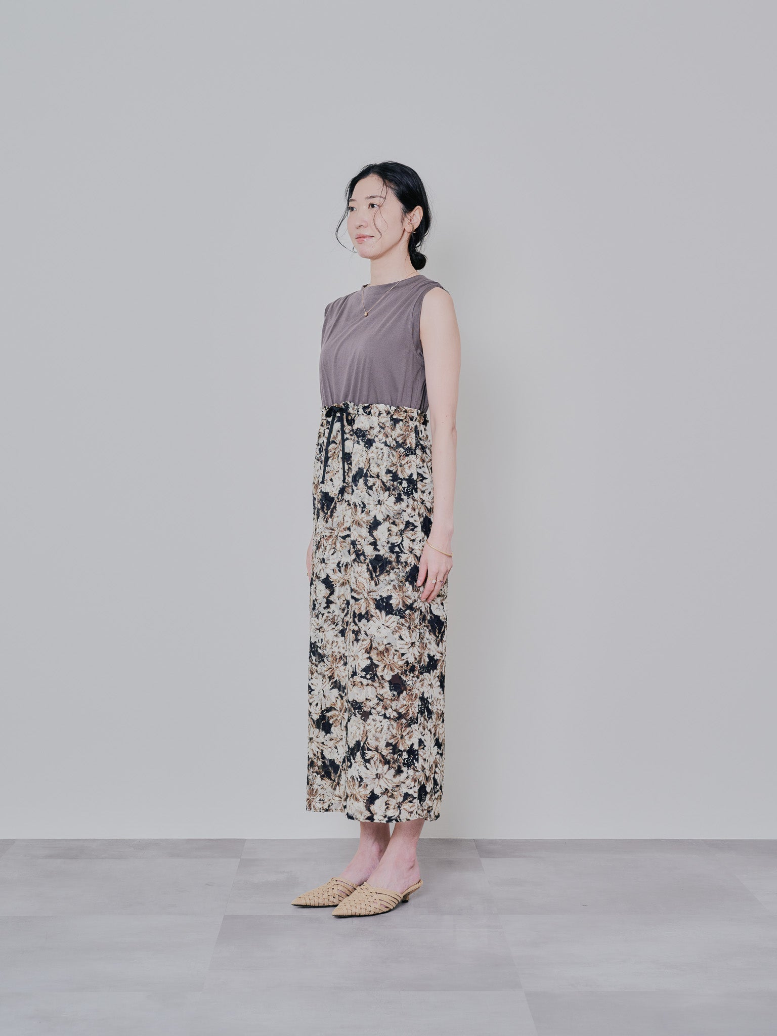 アートフラワープリントタンクワンピース [603323] black
