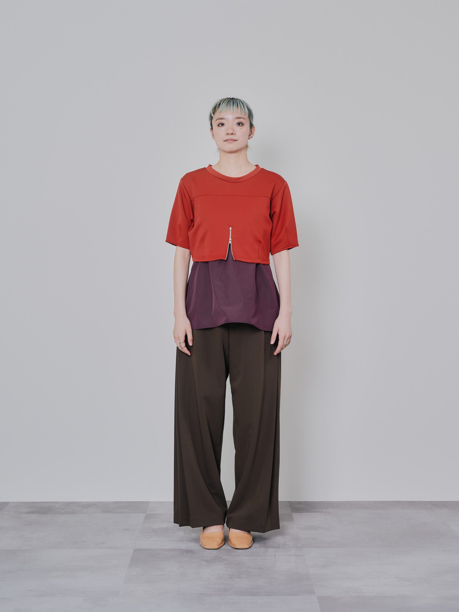 サイドプリーツ配色ステッチパンツ [601375] brown