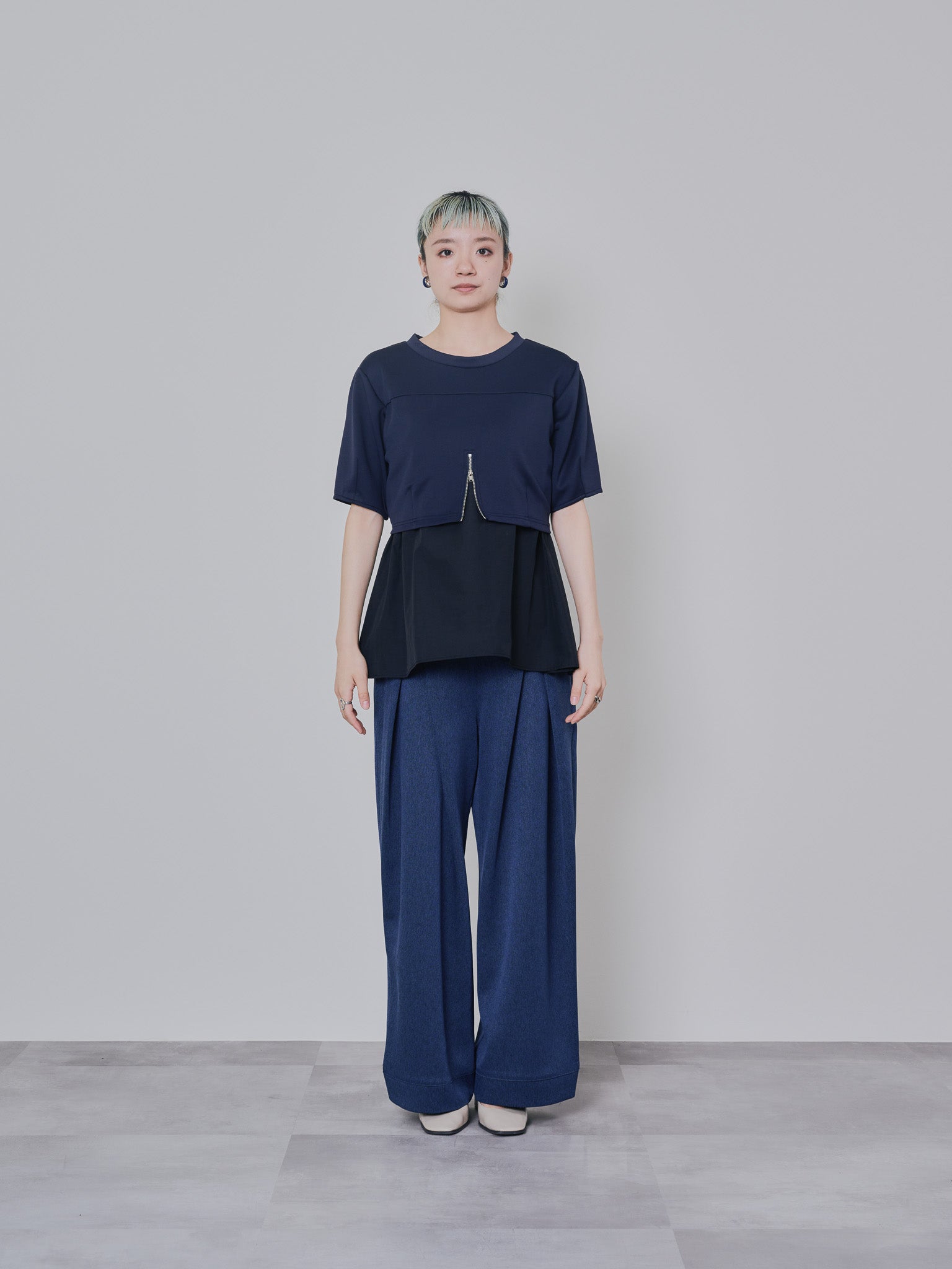 フロントリボンワイドタックパンツ [603330] navy