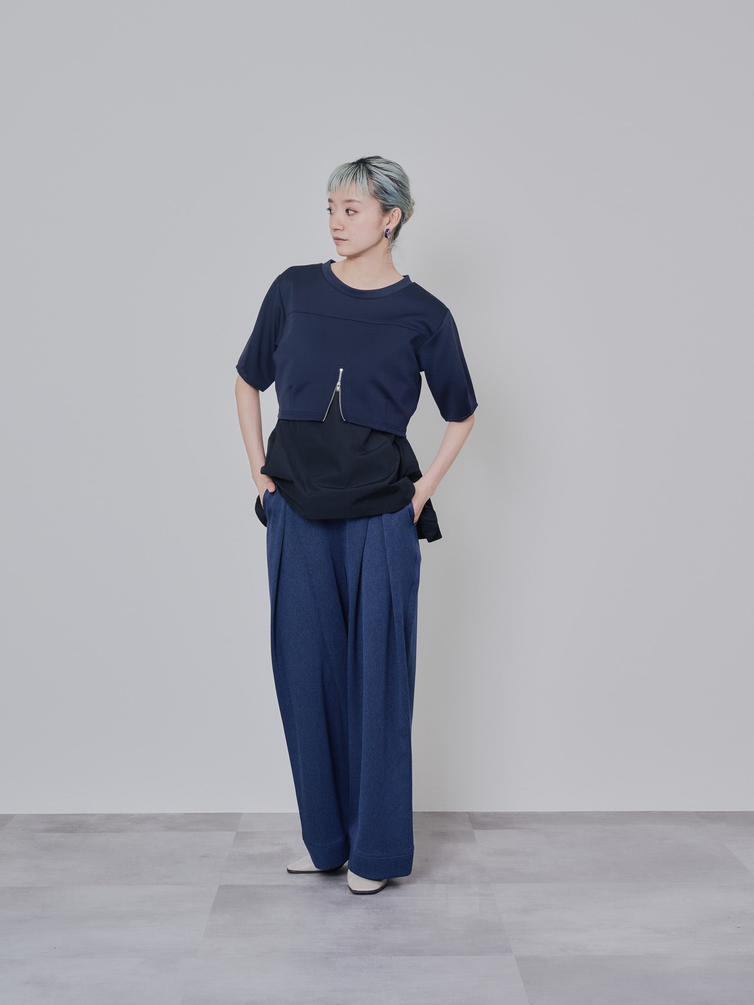 フロントリボンワイドタックパンツ [603330] navy