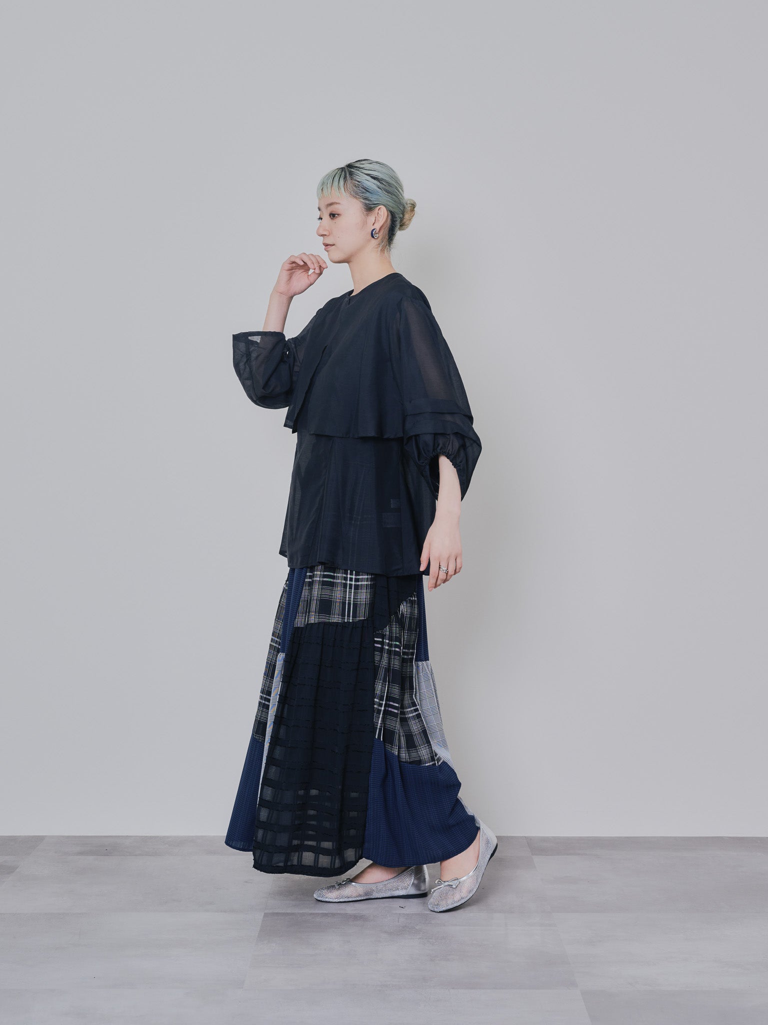 ミックスチェックギャザースカート [601361] black