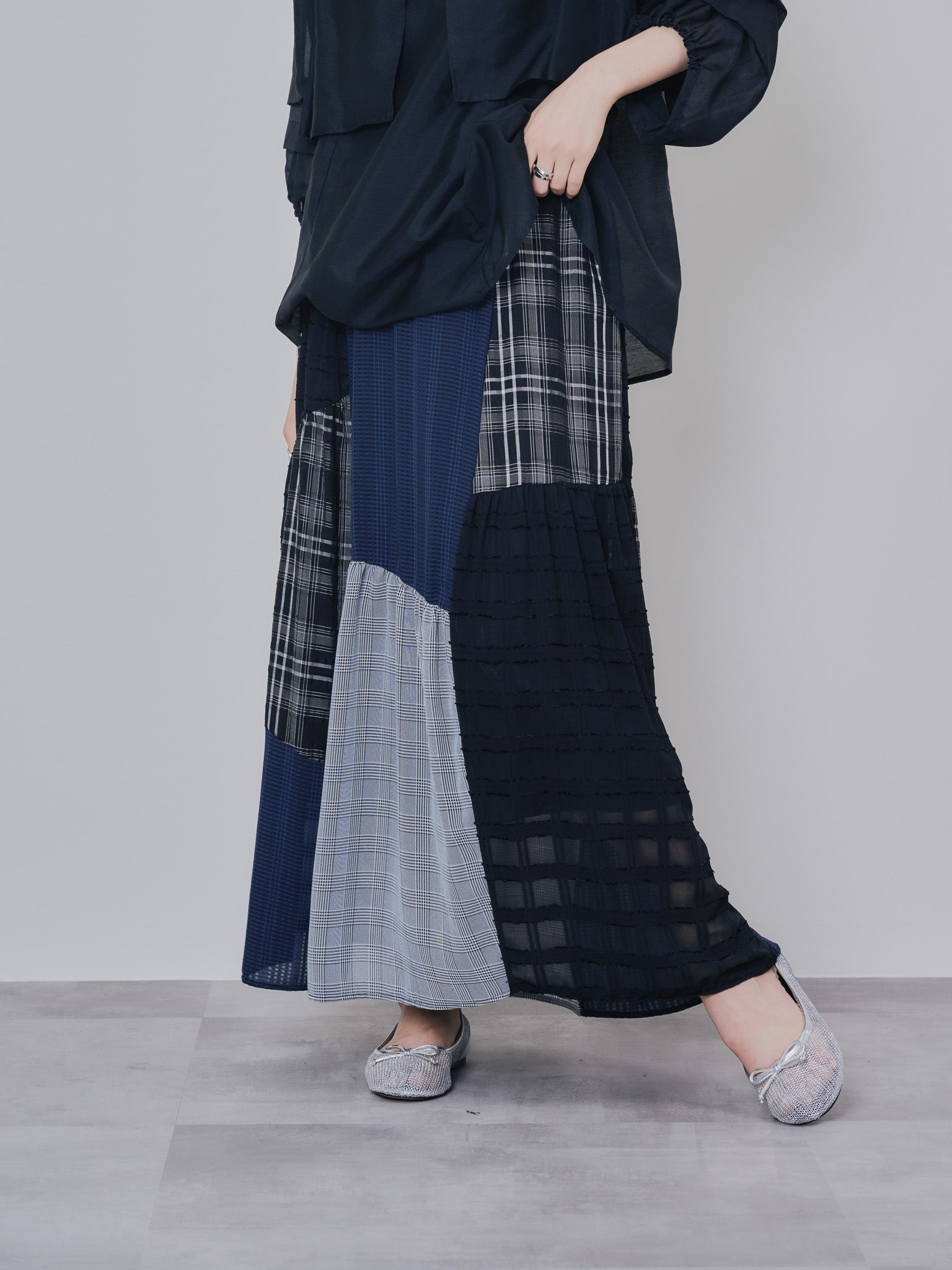 【TIME SALE 10/21 17:00まで!!】ミックスチェックギャザースカート [601361] black