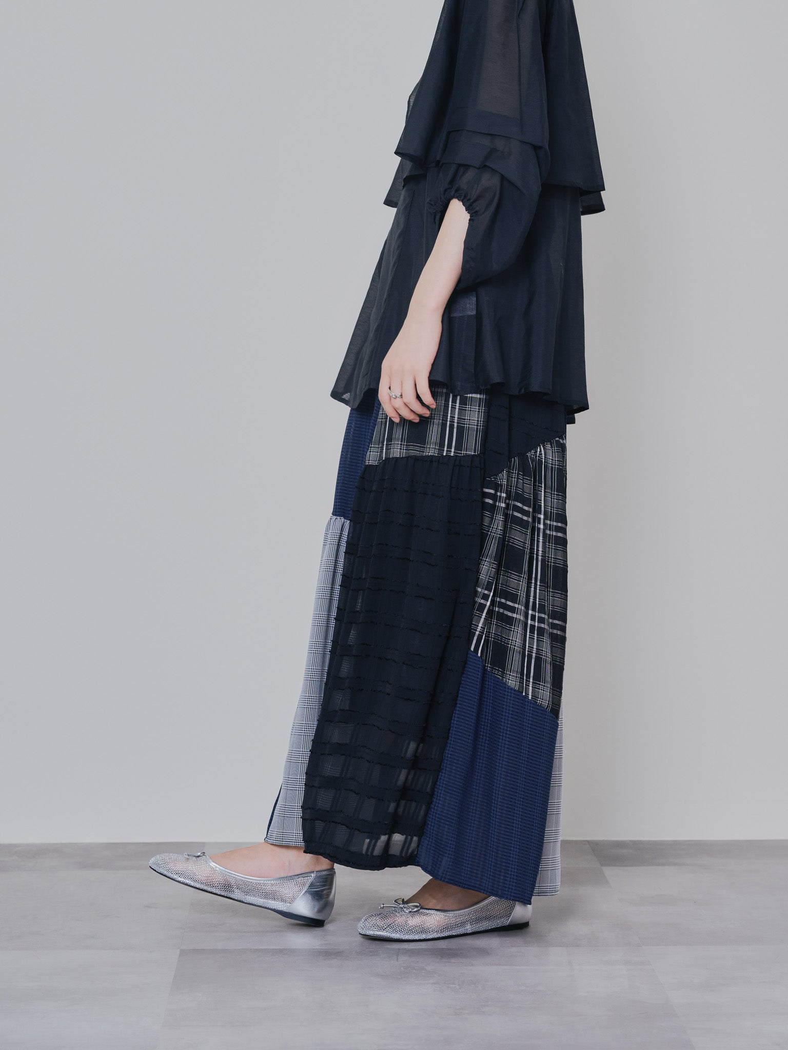 【TIME SALE 10/21 17:00まで!!】ミックスチェックギャザースカート [601361] black