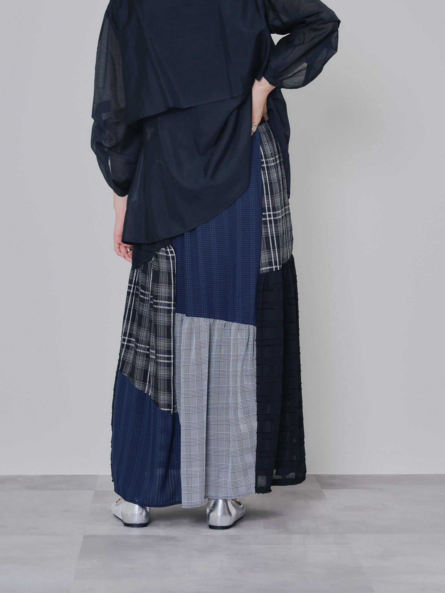 【TIME SALE 10/21 17:00まで!!】ミックスチェックギャザースカート [601361] black