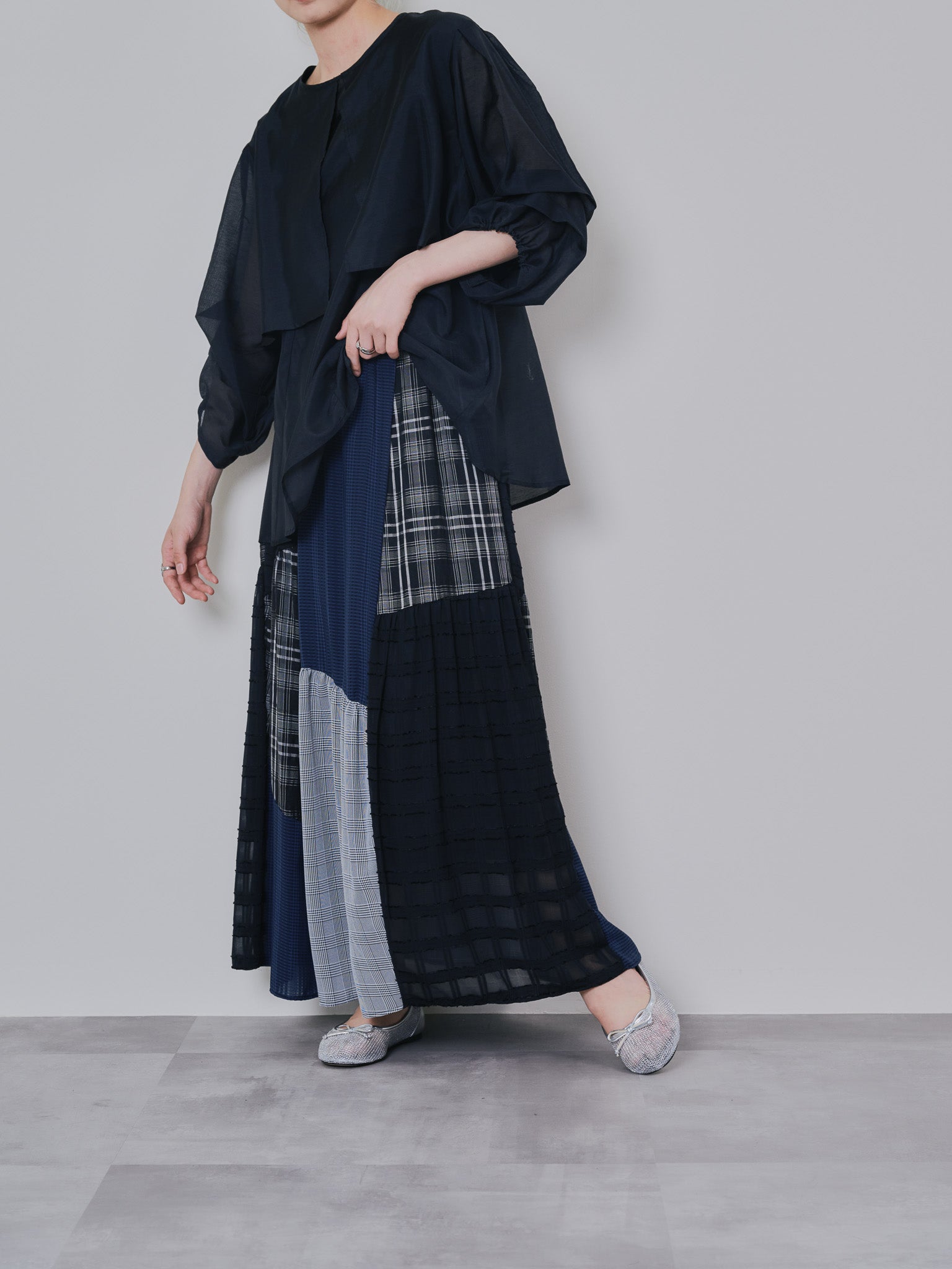 ミックスチェックギャザースカート [601361] black