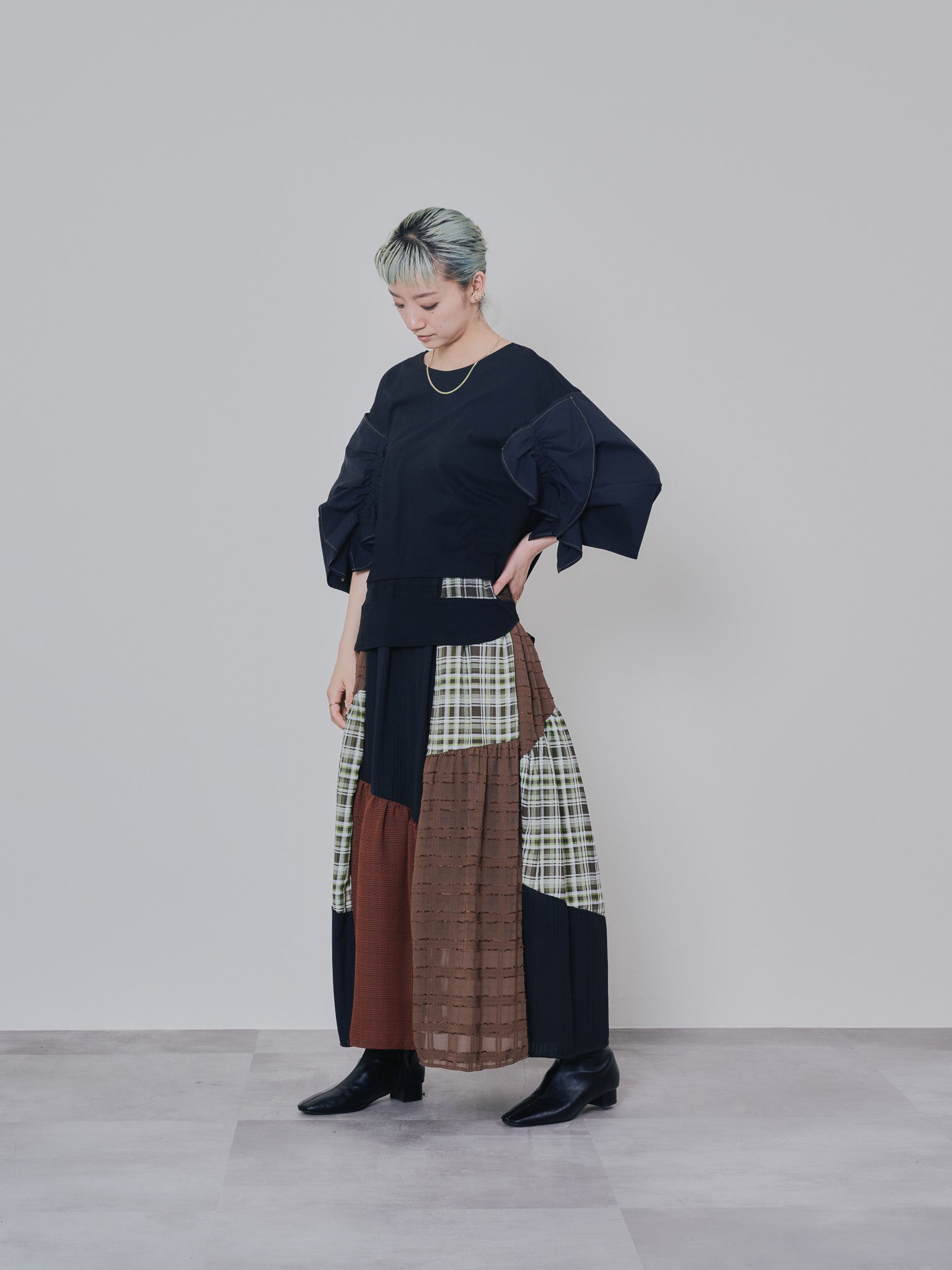 ミックスチェックギャザースカート [601361] brown