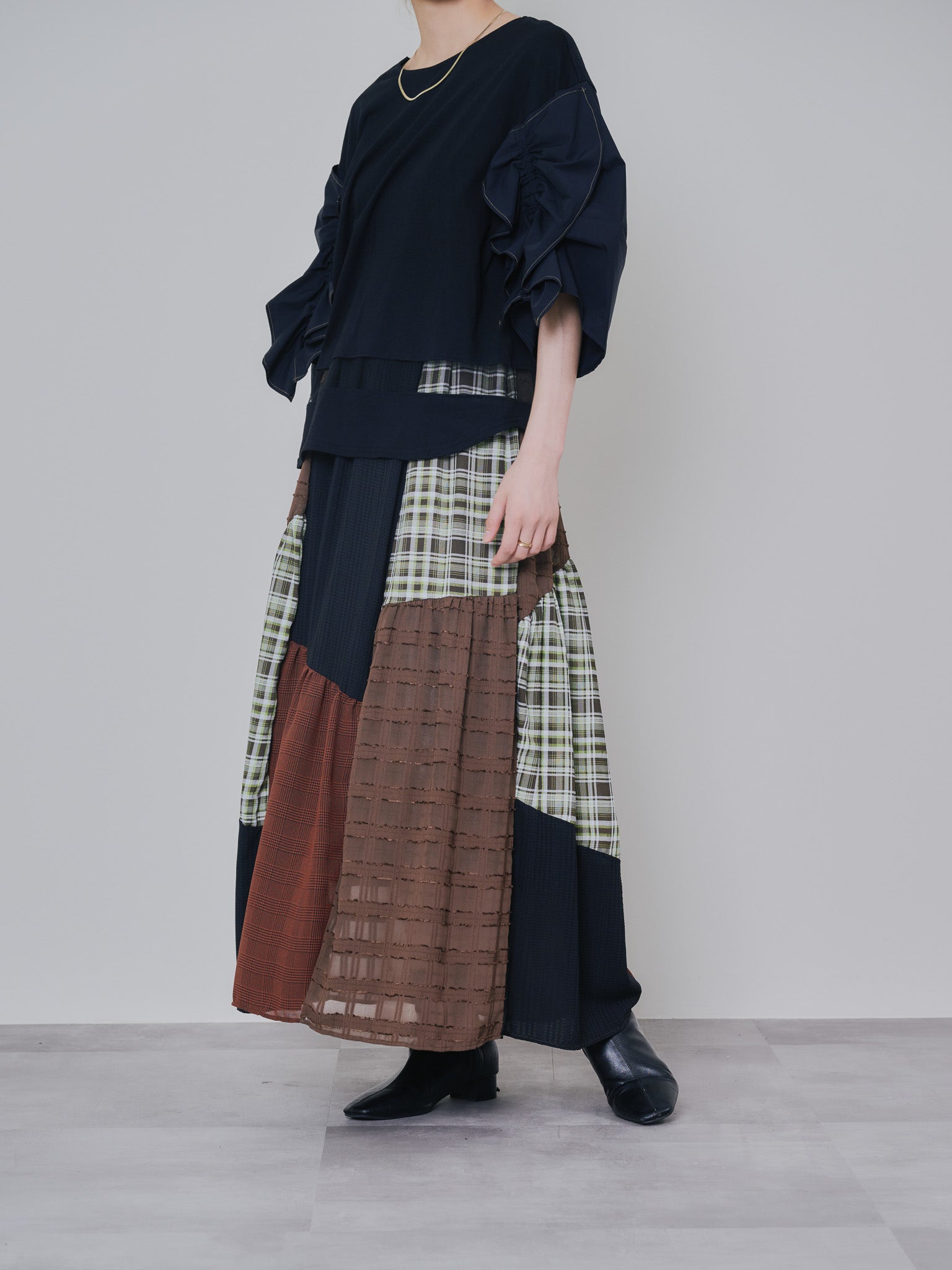 ミックスチェックギャザースカート [601361] brown