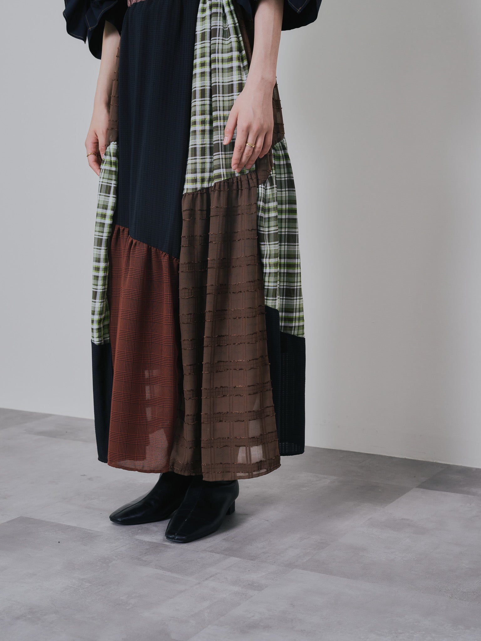 ミックスチェックギャザースカート [601361] brown