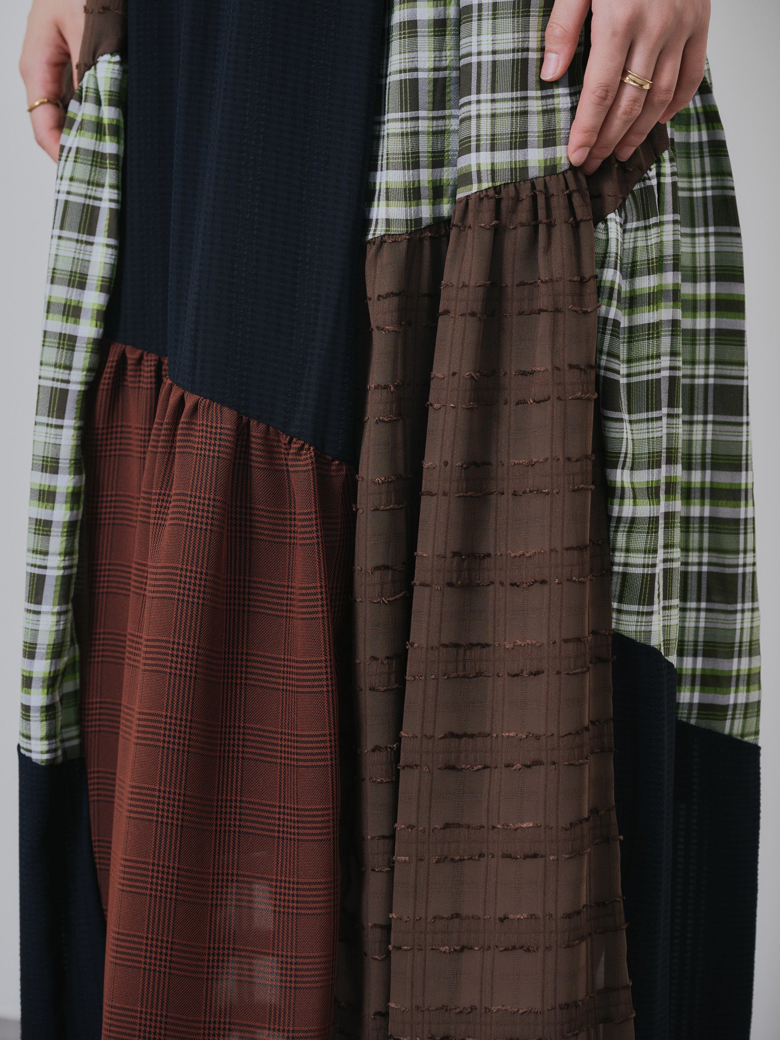 ミックスチェックギャザースカート [601361] brown