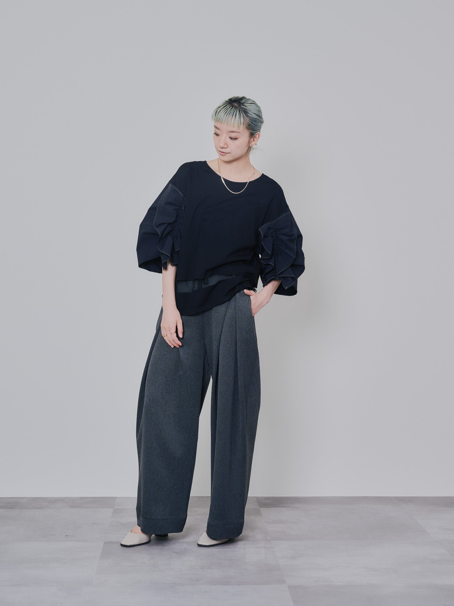 フロントリボンワイドタックパンツ [603330] charcoal