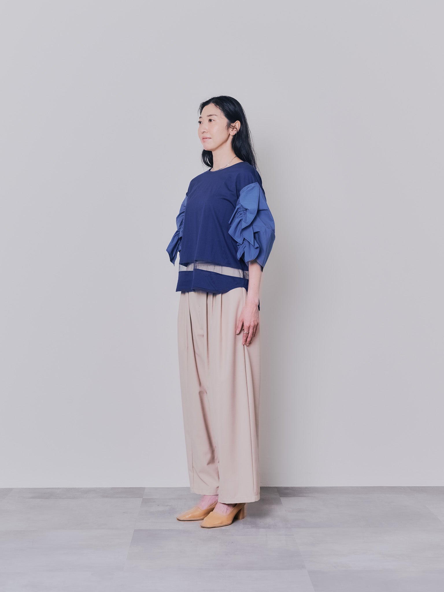 フリルスリーブ配色ステッチヘムシアートップス [603328] navy