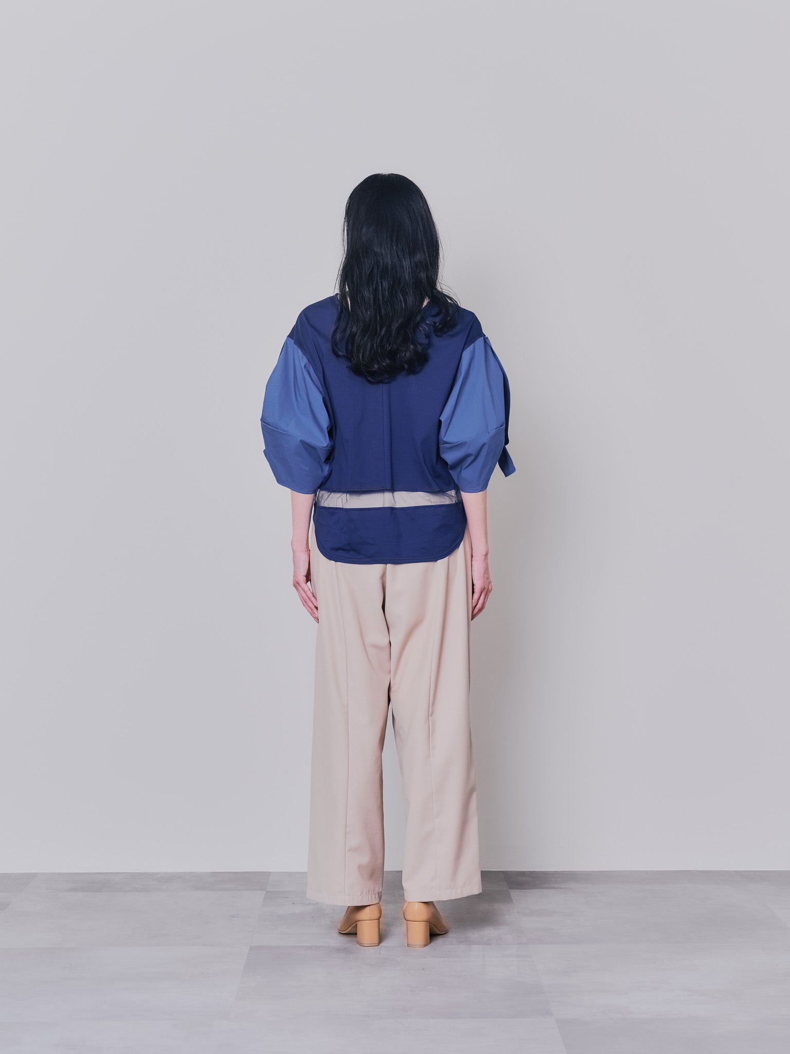 フリルスリーブ配色ステッチヘムシアートップス [603328] navy