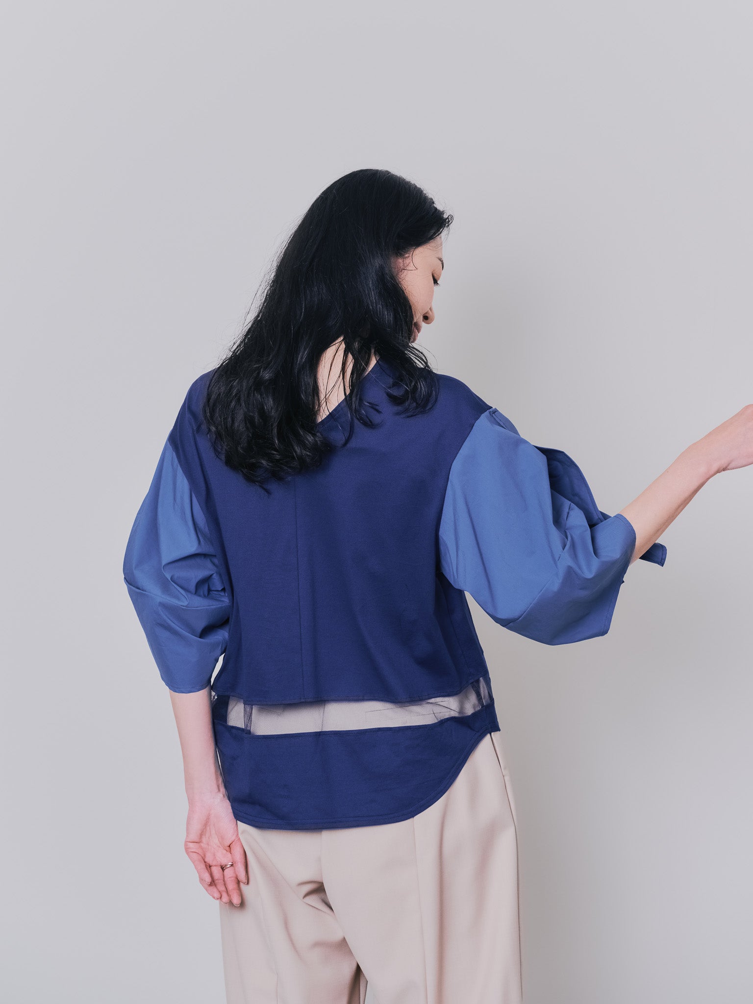 フリルスリーブ配色ステッチヘムシアートップス [603328] navy