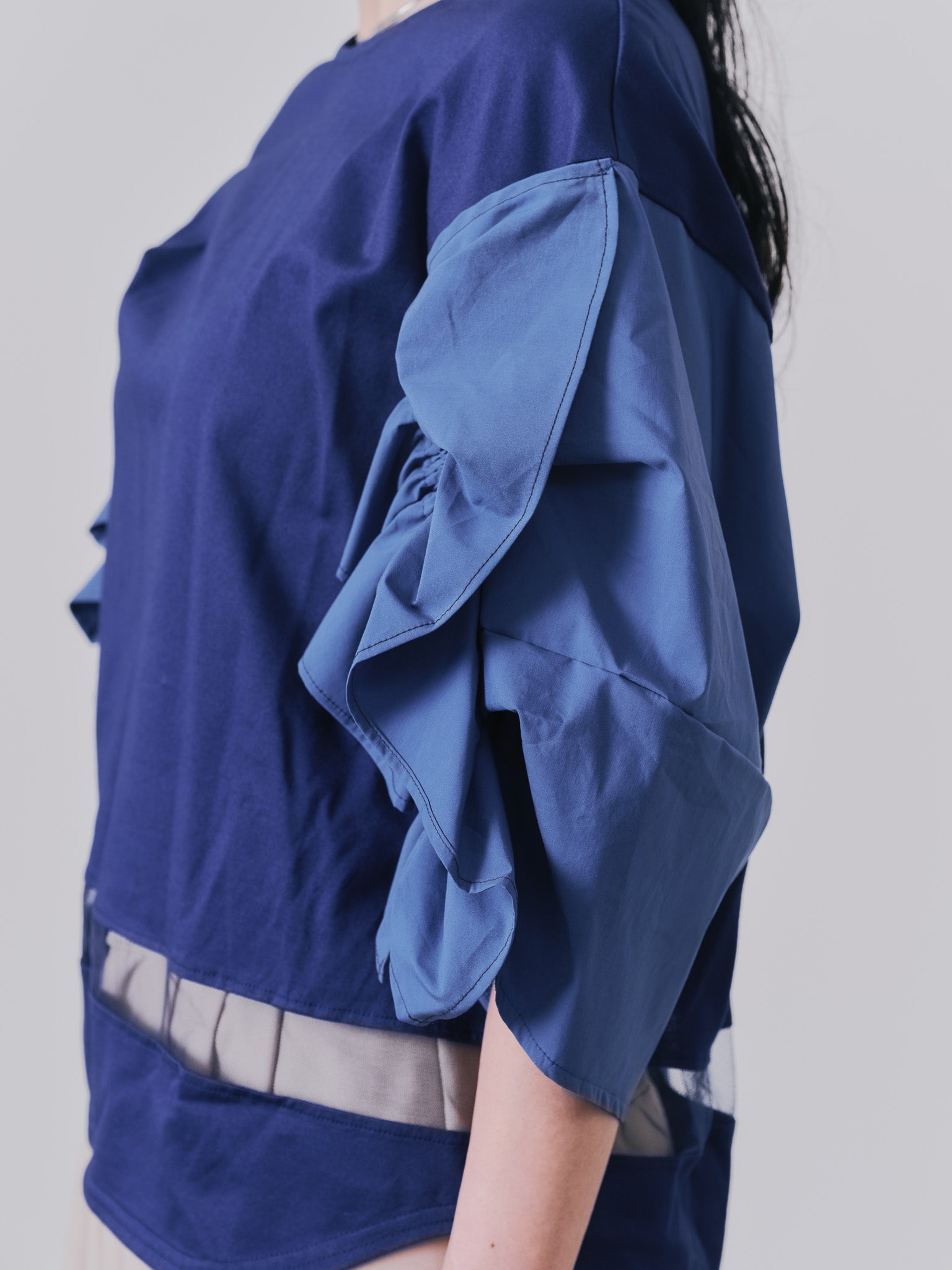 フリルスリーブ配色ステッチヘムシアートップス [603328] navy