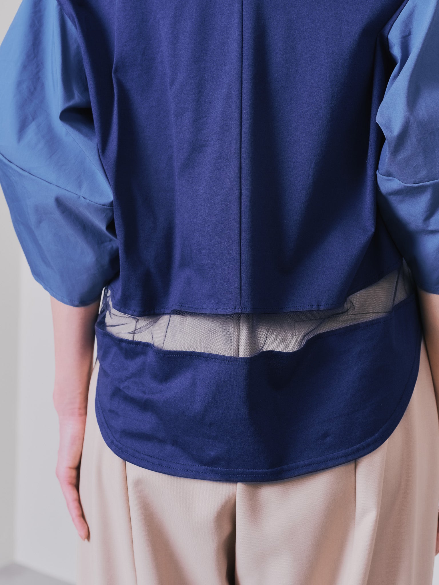 フリルスリーブ配色ステッチヘムシアートップス [603328] navy