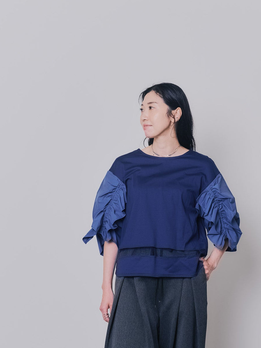 【-PRE SALE- 12/15 18:00まで!!】フリルスリーブ配色ステッチヘムシアートップス [603328] navy