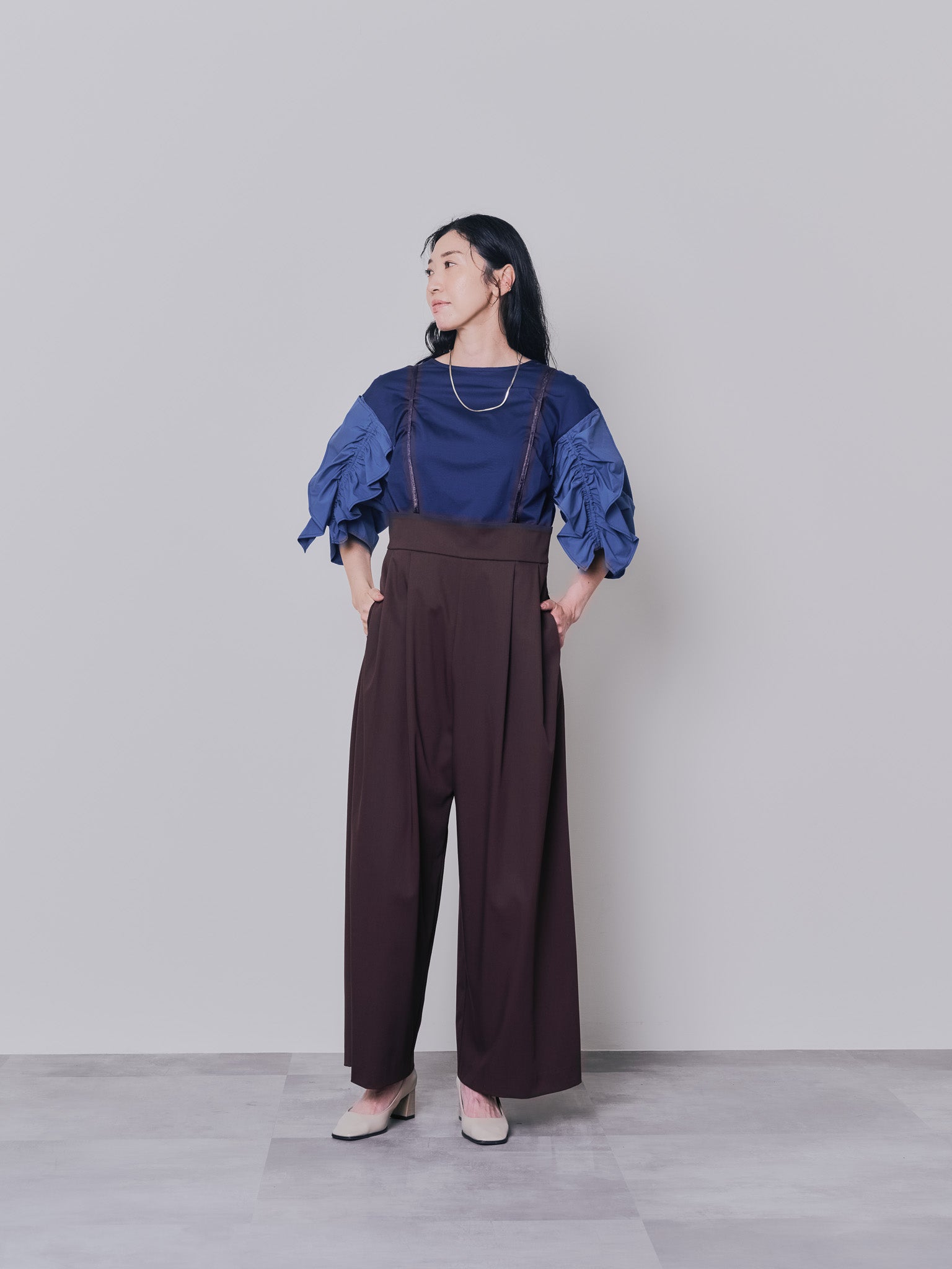 フリルスリーブ配色ステッチヘムシアートップス [603328] navy