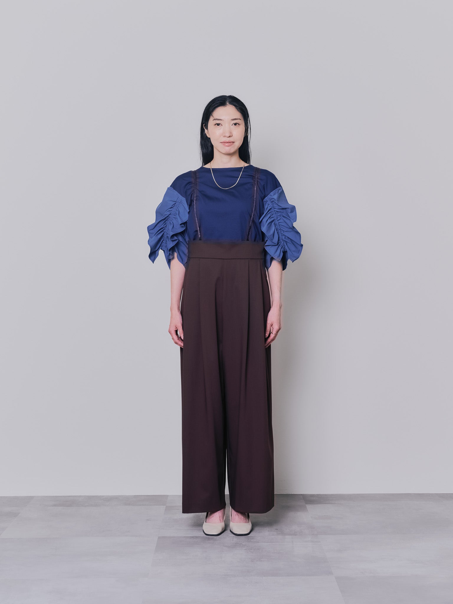 フリルスリーブ配色ステッチヘムシアートップス [603328] navy