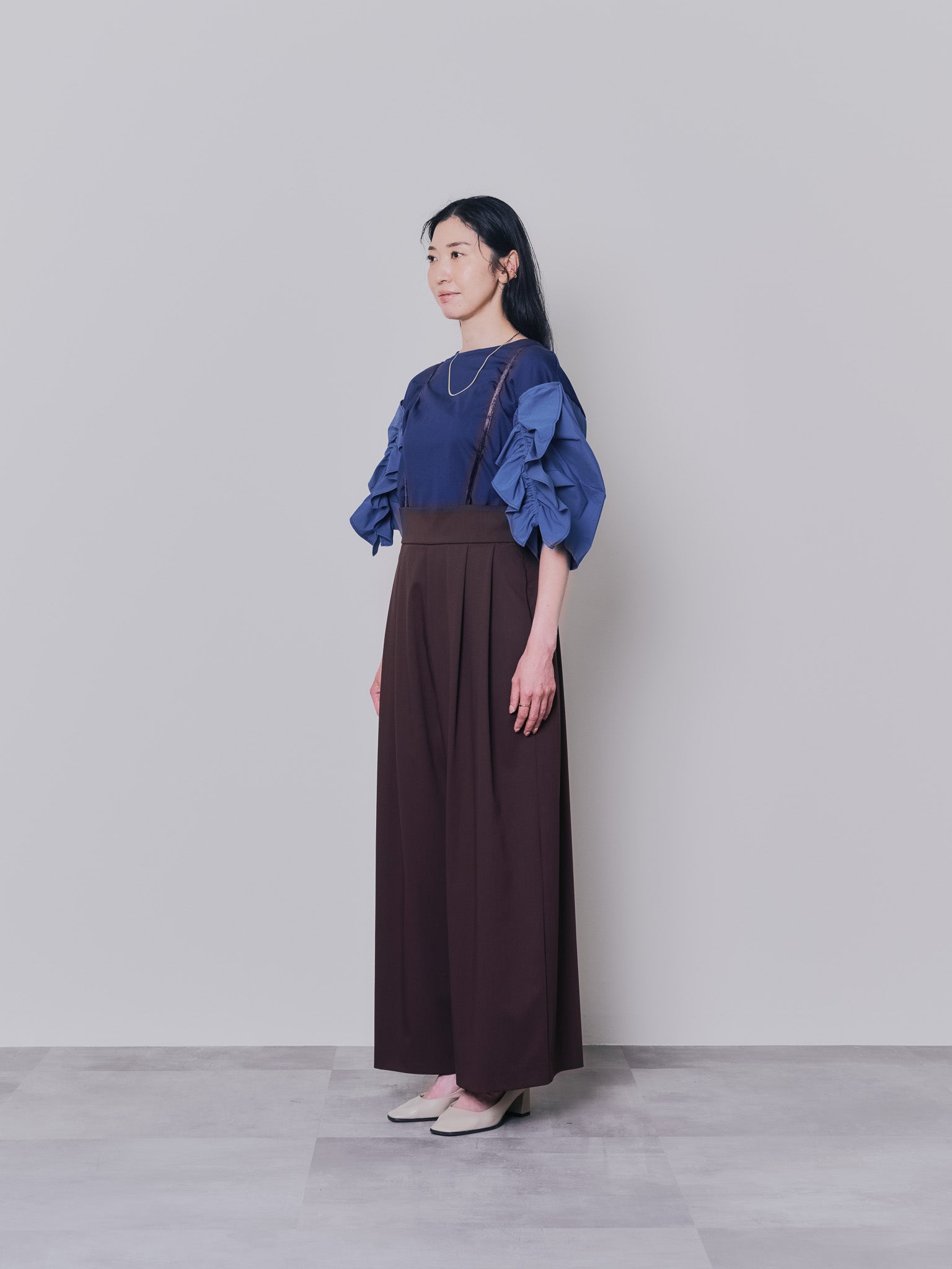 フリルスリーブ配色ステッチヘムシアートップス [603328] navy