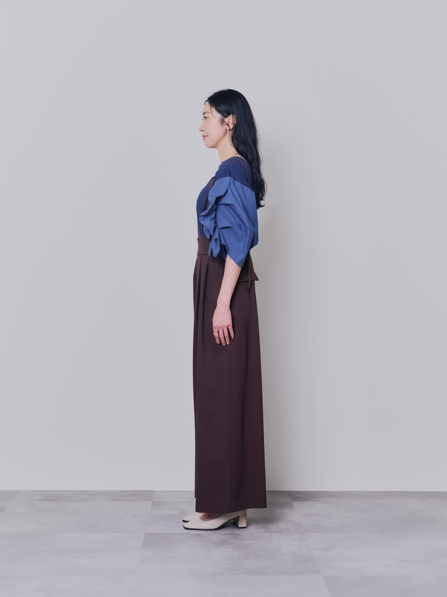 フリルスリーブ配色ステッチヘムシアートップス [603328] navy