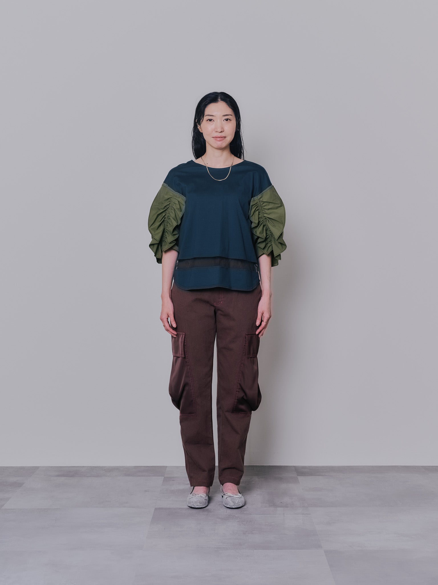 ビックサテンミリタリーポケット配色ステッチパンツ [601359] brown
