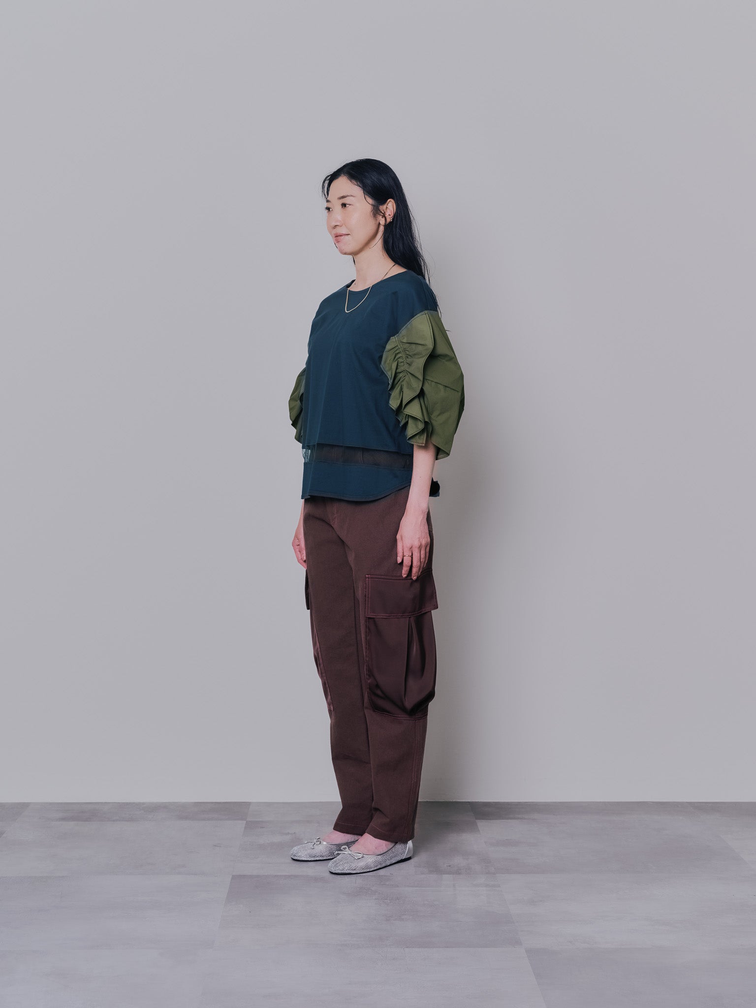 【SALE】ビックサテンミリタリーポケット配色ステッチパンツ [601359] brown