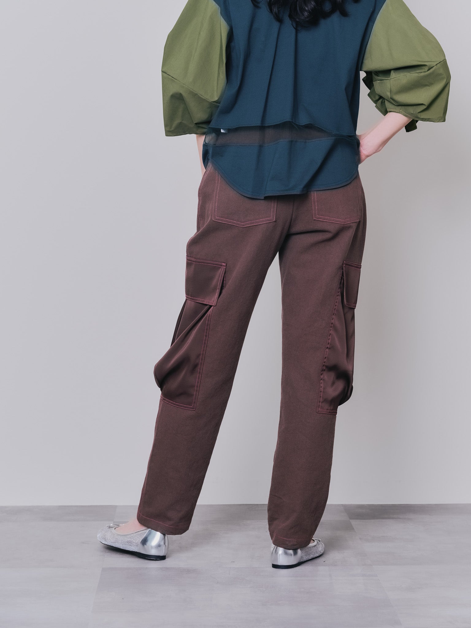 ビックサテンミリタリーポケット配色ステッチパンツ [601359] brown